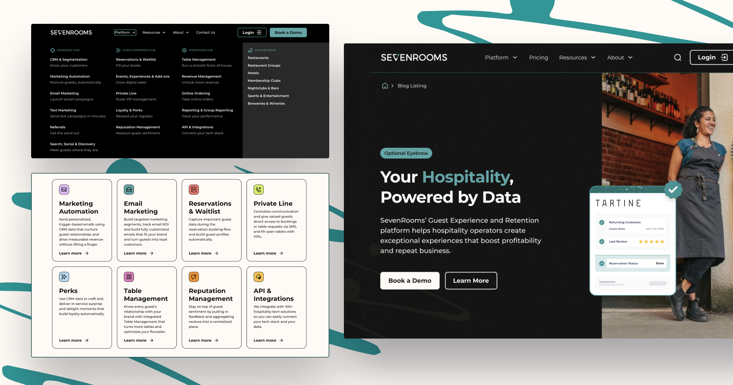 Screenshot of SevenRooms platform showcasing features for hospitality operators, including marketing and reservation tools.