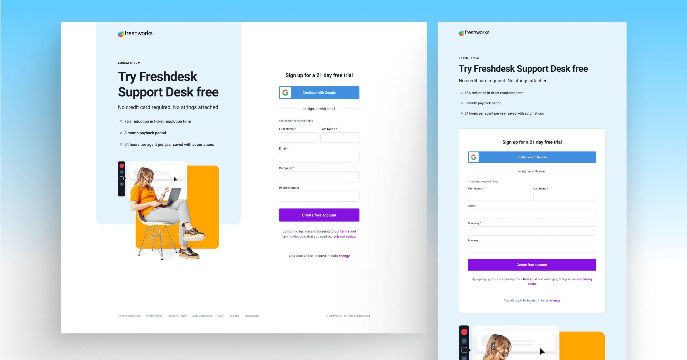 Freshdesk support desk signup page featuring a user-friendly form and promotional details for a free trial.