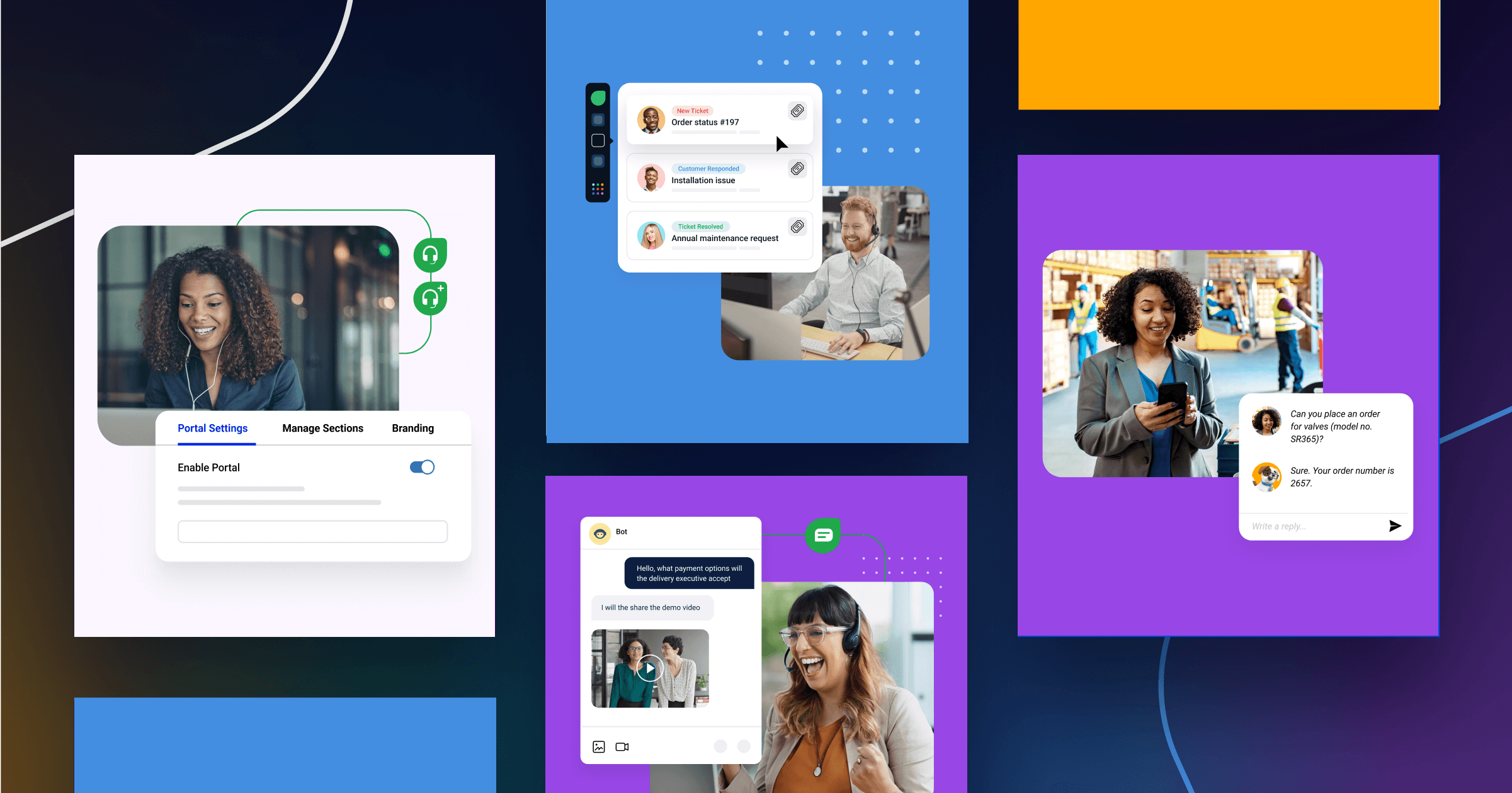 Four colorful panels showcasing customer support interactions and a user-friendly interface design.