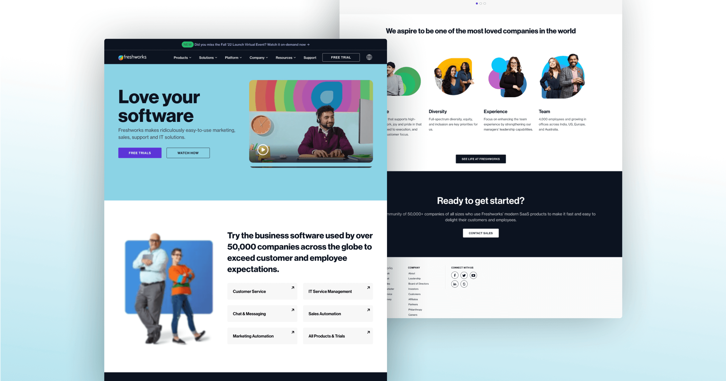A web layout showcasing Freshworks software solutions, highlighting features like marketing and customer service.