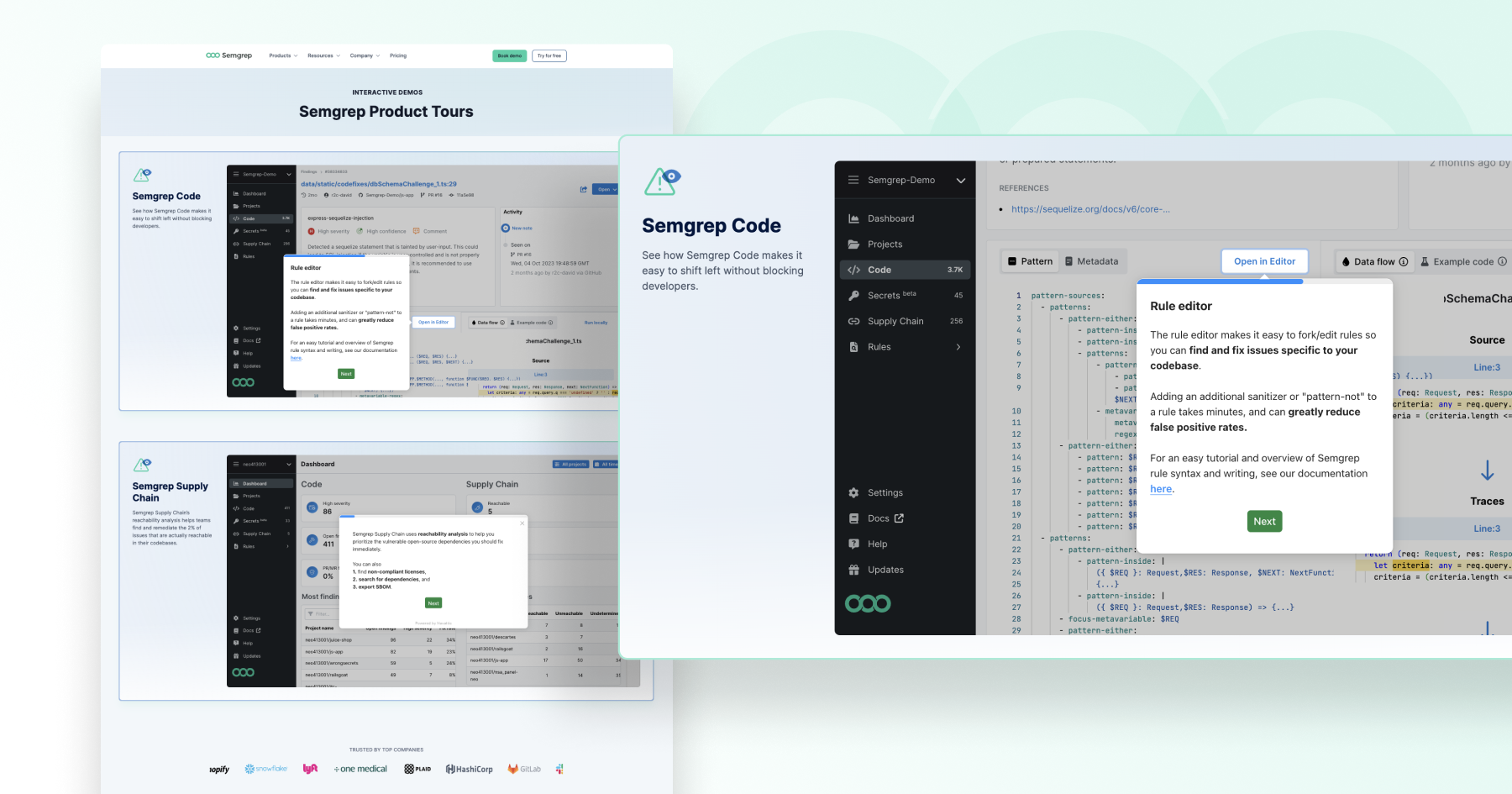 Semgrep product tour showcasing the Semgrep Code and Supply Chain features with tooltips and dashboards.