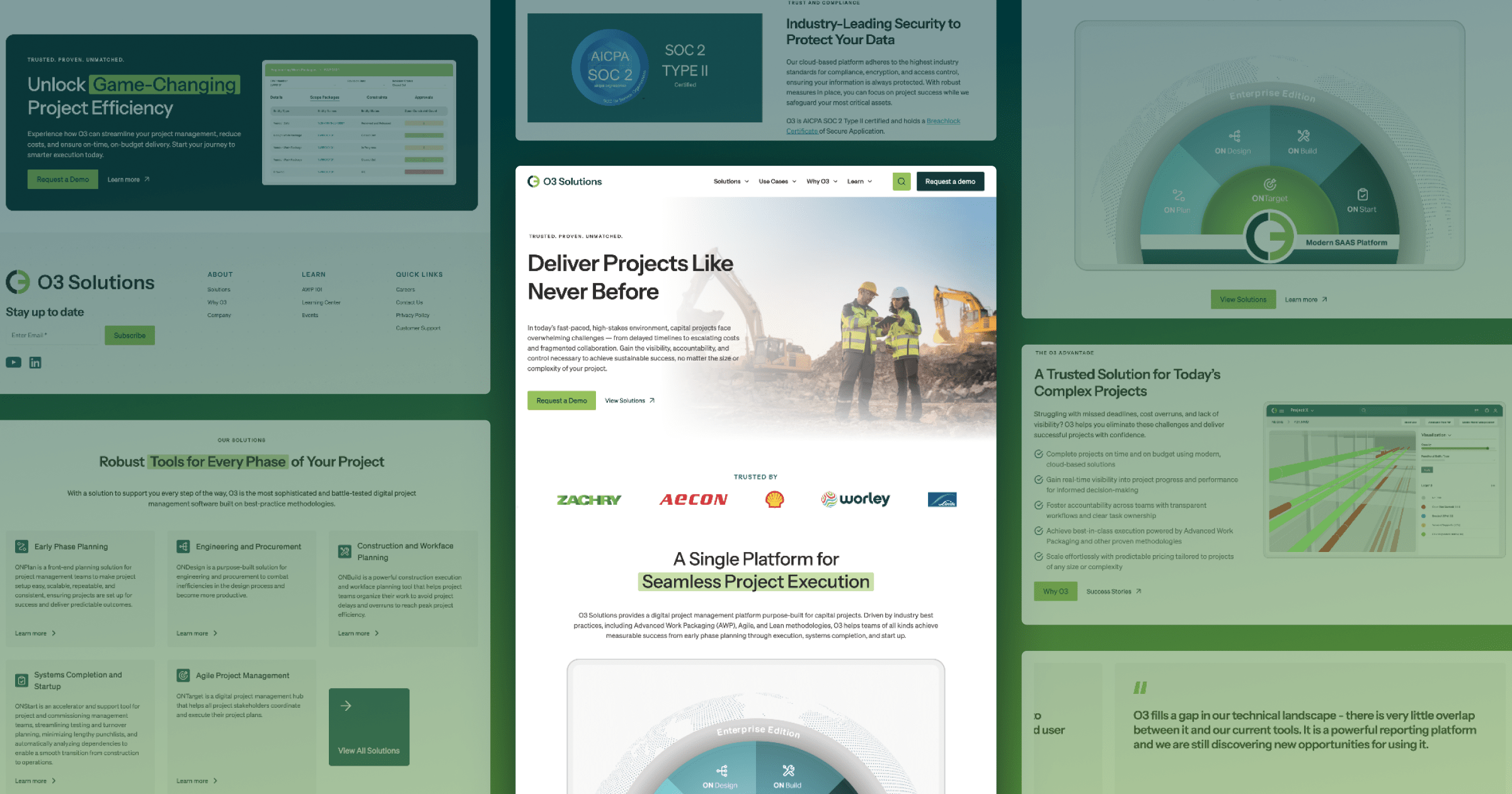 A collage of O3 redesigns pages