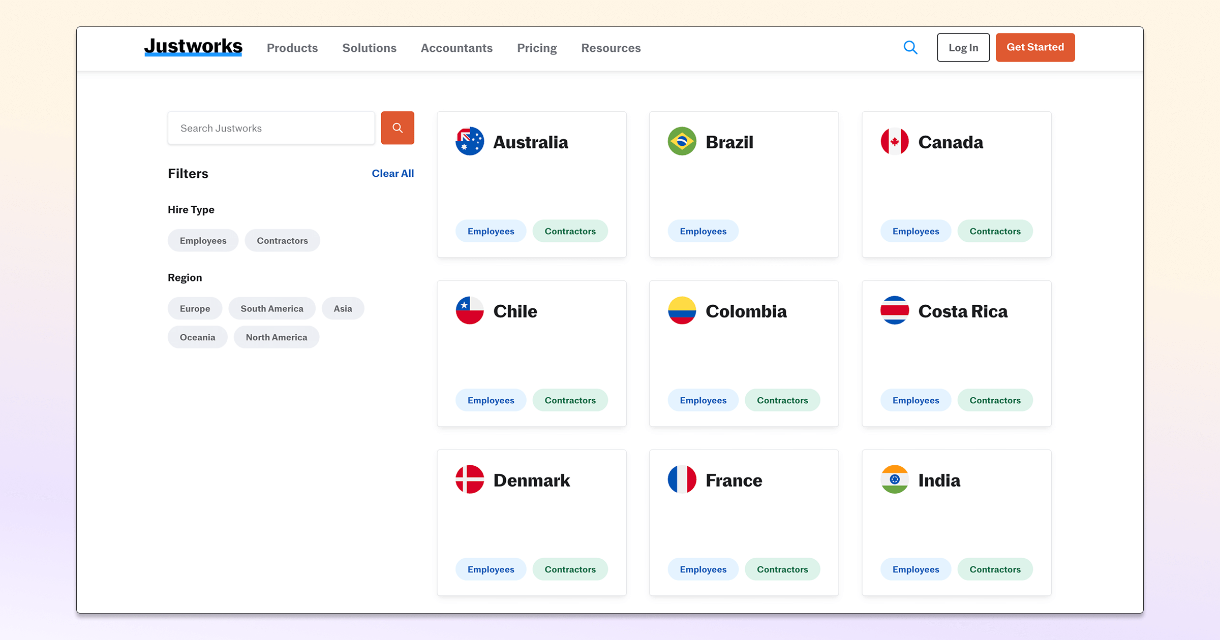 Justworks interface displaying countries with options for hiring employees or contractors.