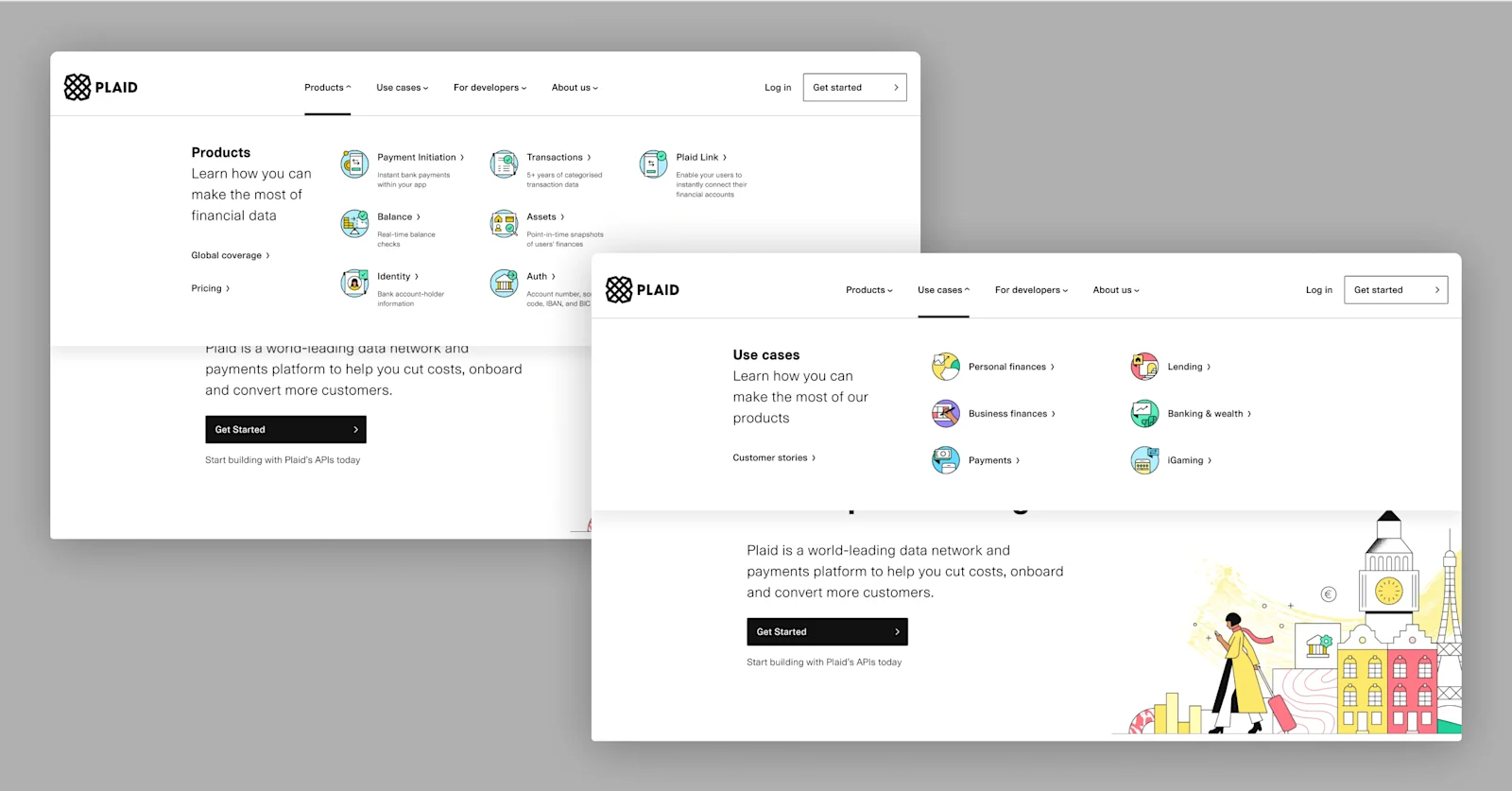Plaid website interface showing products, use cases, and a promotional section for financial data services.