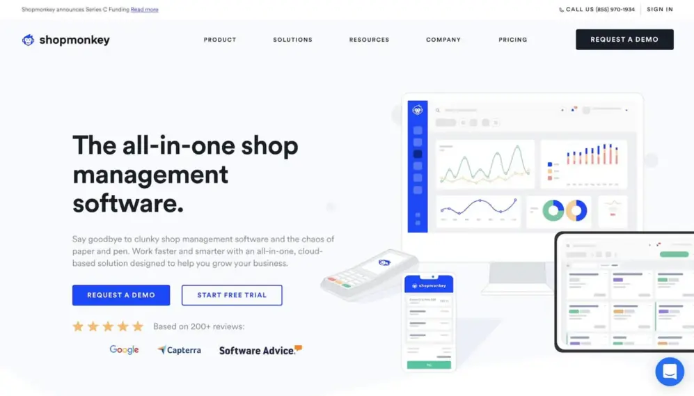 Homepage of Shopmonkey, showcasing all-in-one shop management software with demo and trial options.