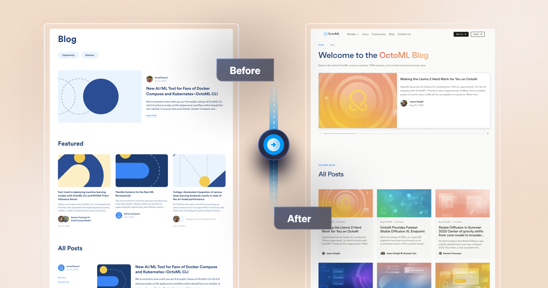 Side-by-side comparison of blog design updates, showcasing improvements in layout and aesthetics for the OctoML blog.