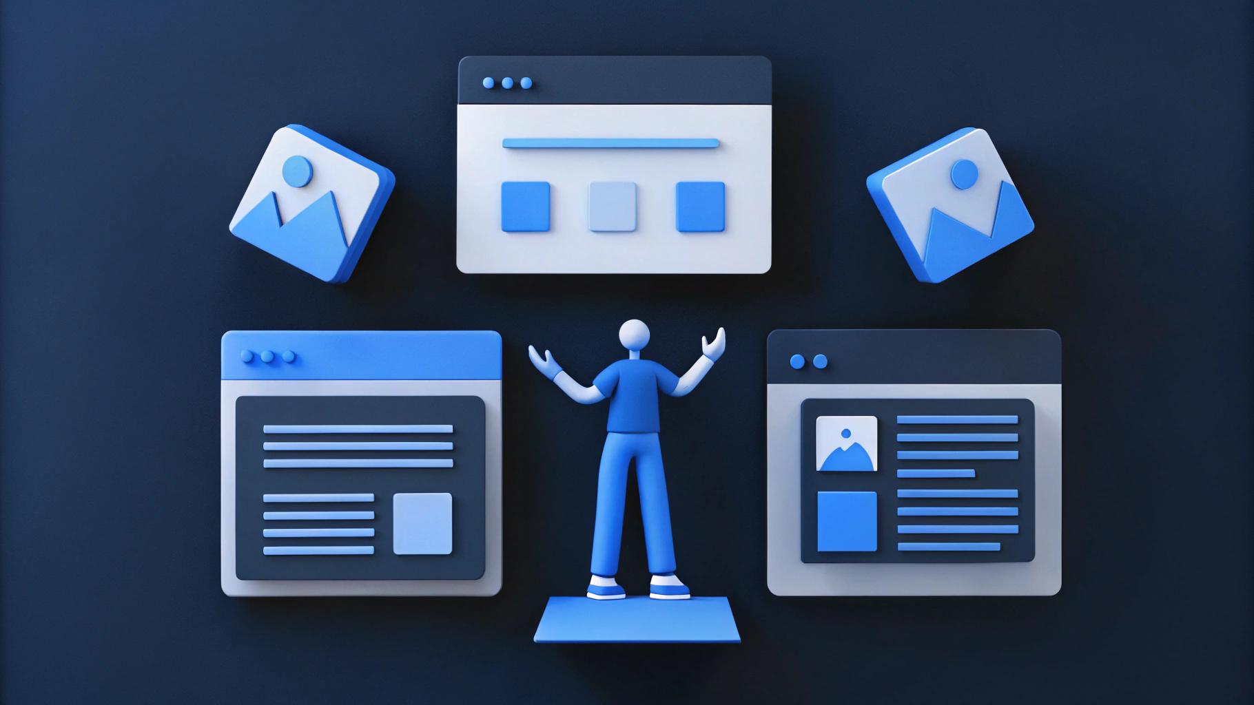 a rendering of a person managing several websites simultaneously