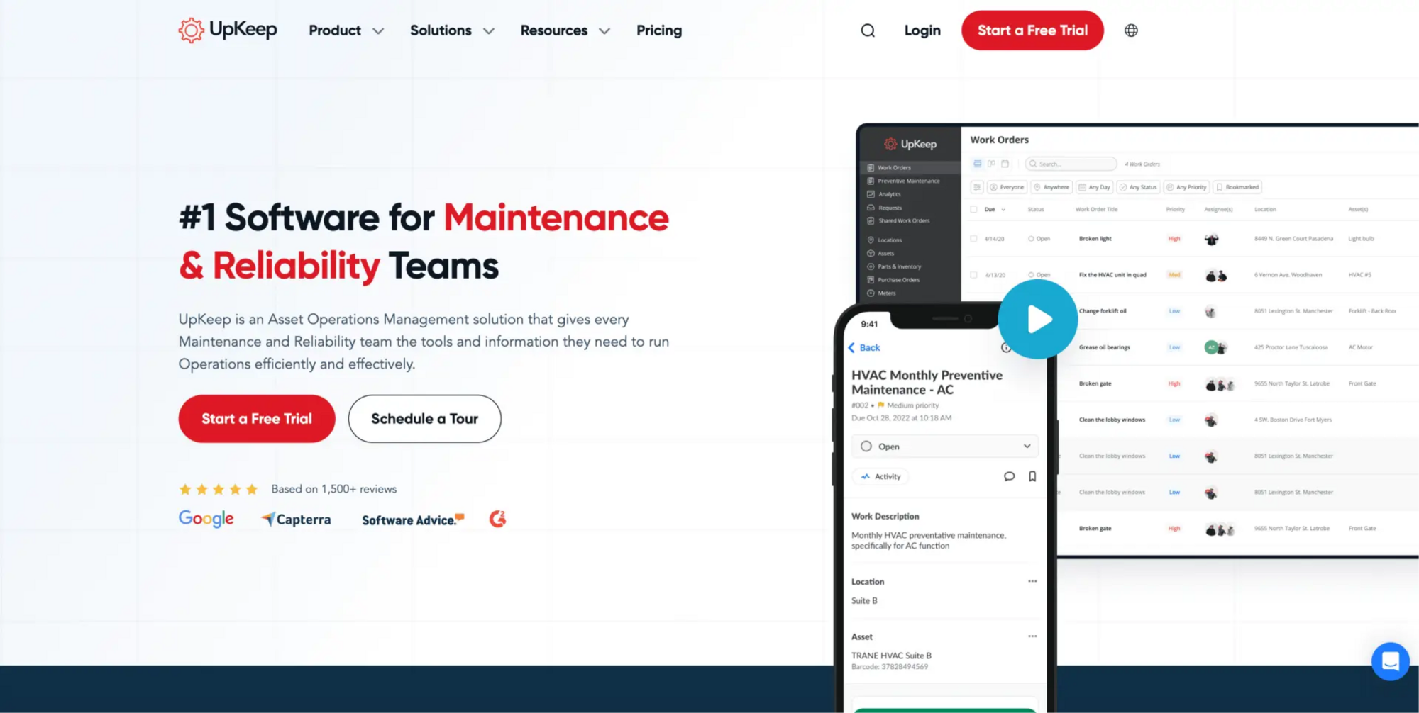 Screenshot of UpKeep's Asset Operations Management software interface, highlighting maintenance work orders and features.