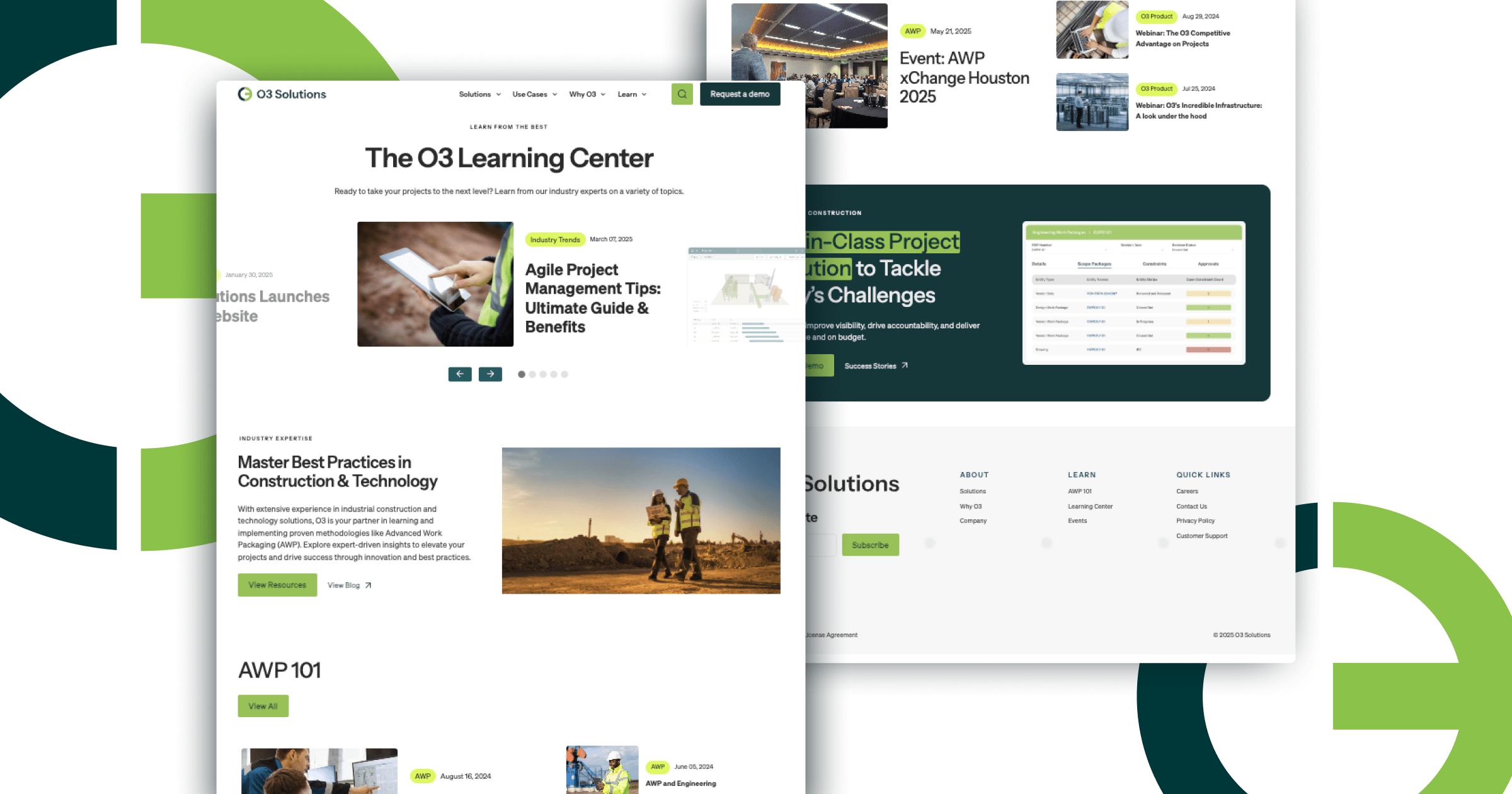 Website interface for O3 Solutions, featuring learning resources and project management tools in a modern design.