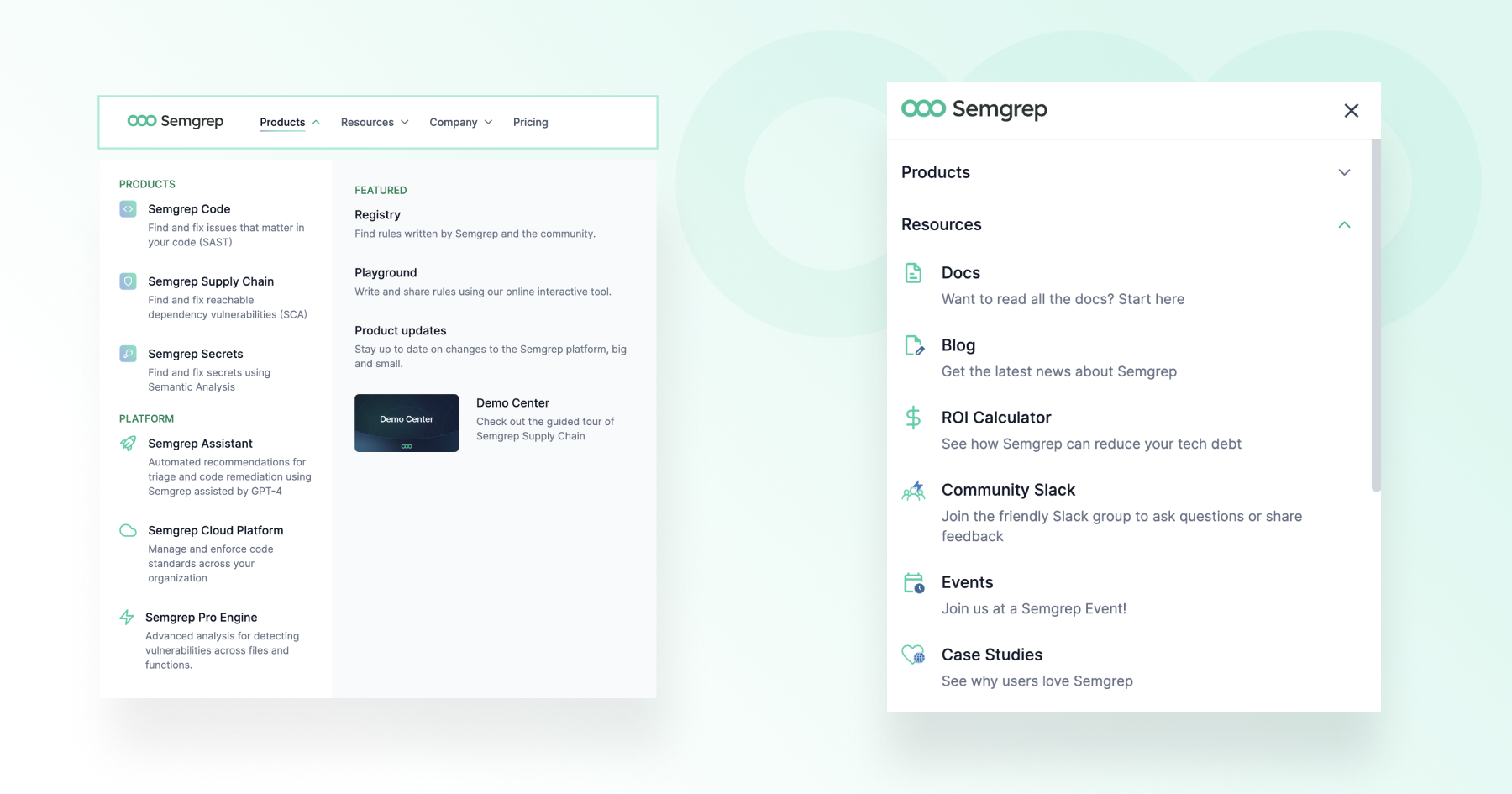 Semgrep interface showcasing products, resources, and community engagement options.
