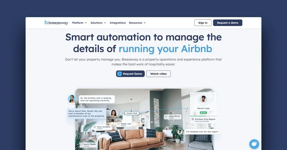 Homepage of Breezeway, showcasing automation tools for managing Airbnb properties, featuring user interactions and tasks.