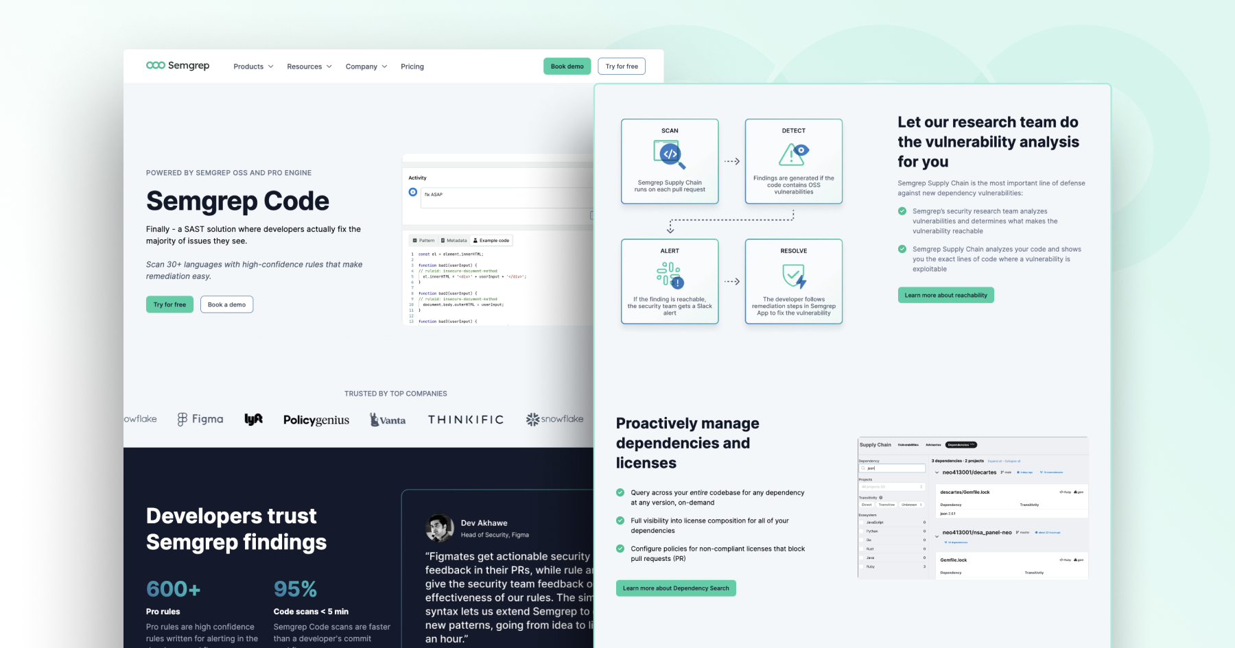 Semgrep Code website showcasing SAST solutions for developers, featuring analysis, alerts, and code scanning capabilities.