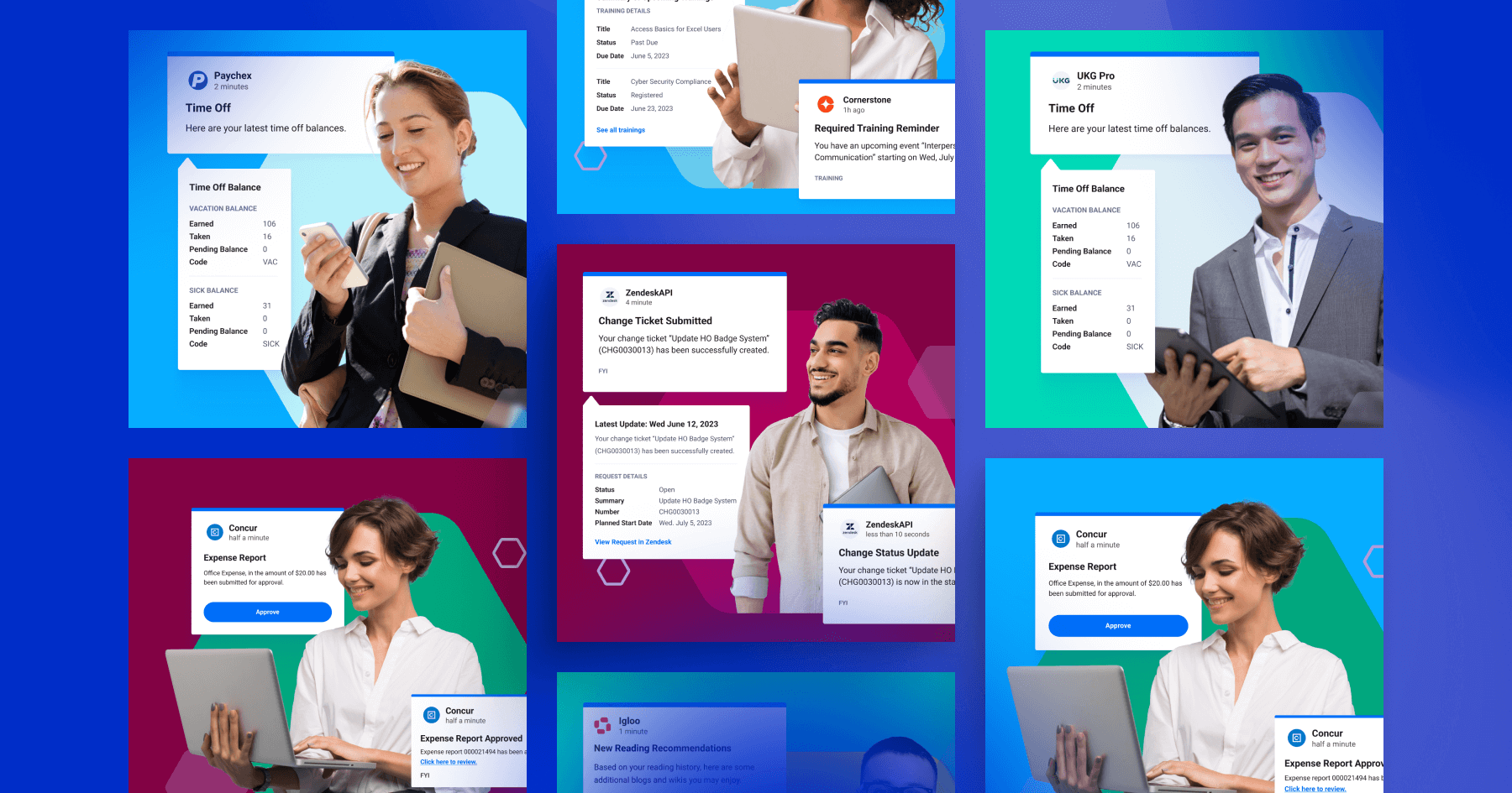 User interface examples displaying notifications and time-off balances in a vibrant, modern layout with diverse individuals.