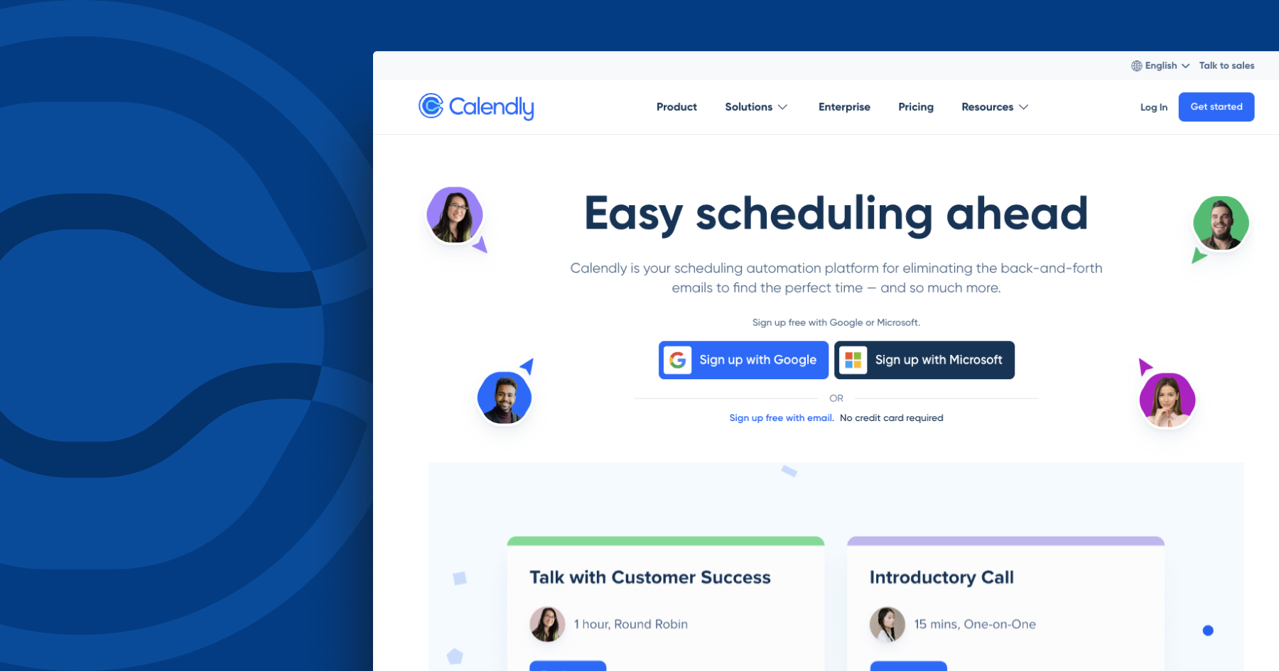 Calendly website showcasing scheduling features and sign-up options with Google or Microsoft.