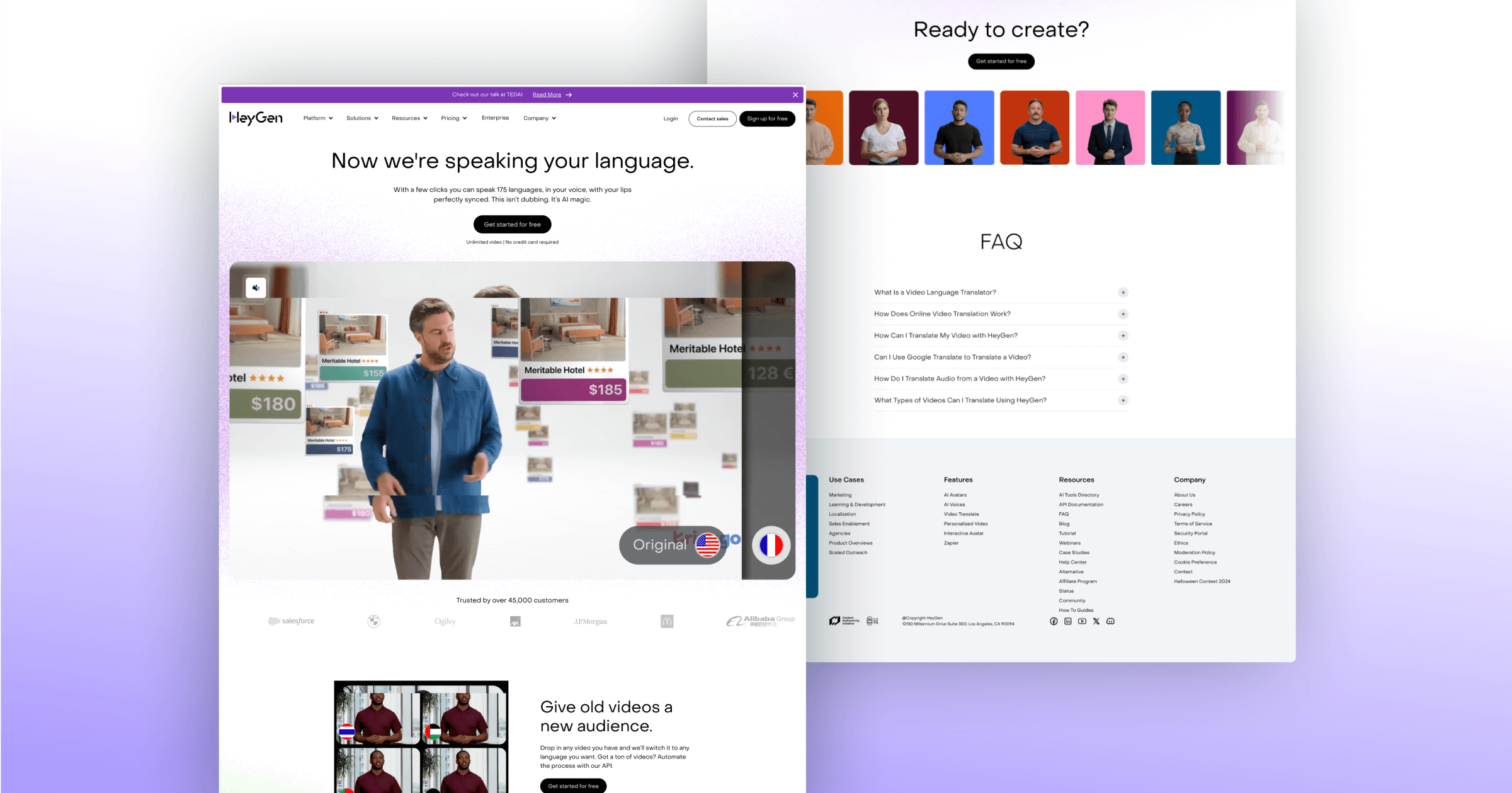 Website interface showcasing HeyGen’s video language translation features with user examples and FAQs.