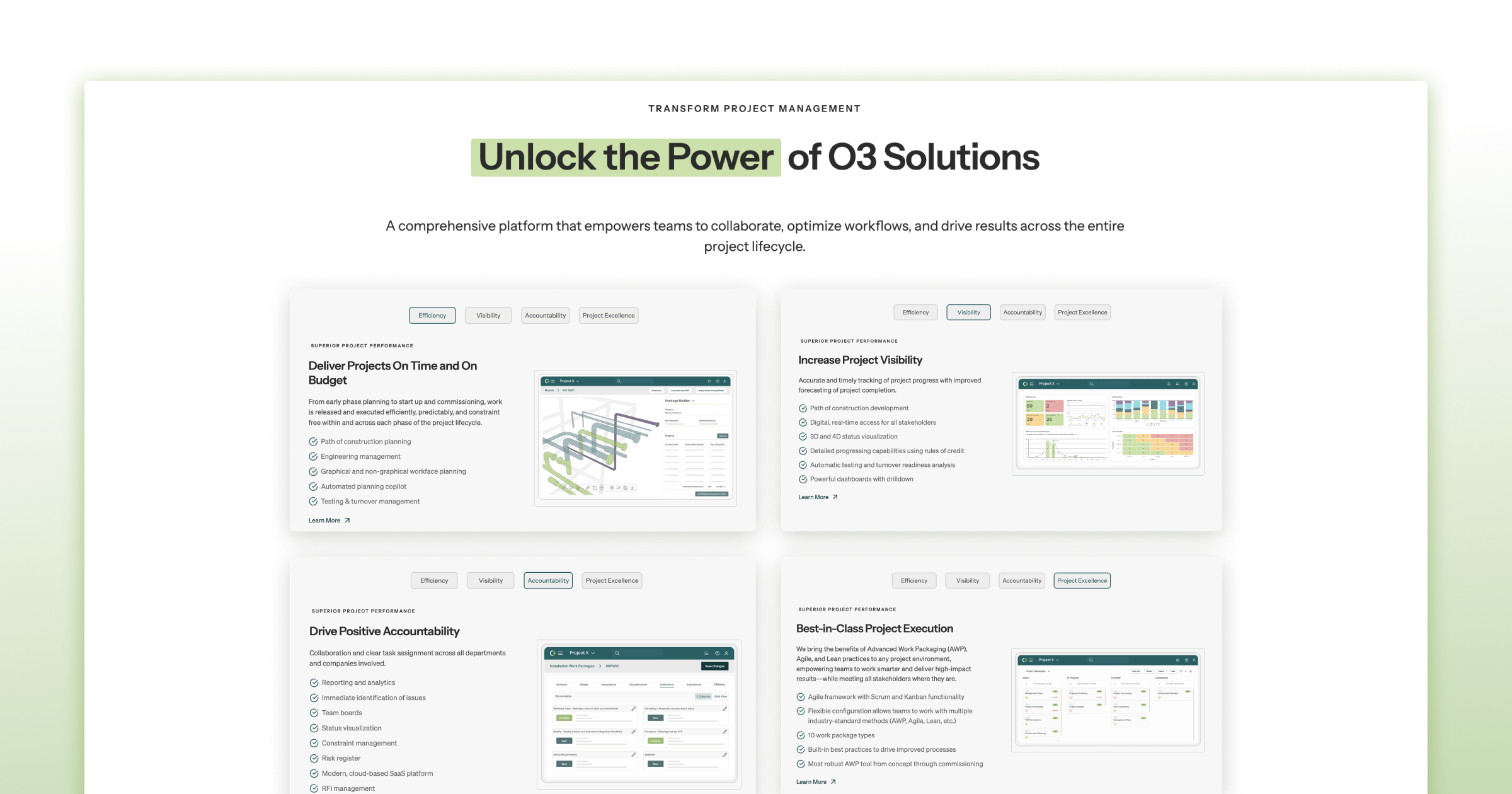 A project management platform showcasing features for efficiency, visibility, accountability, and project execution.