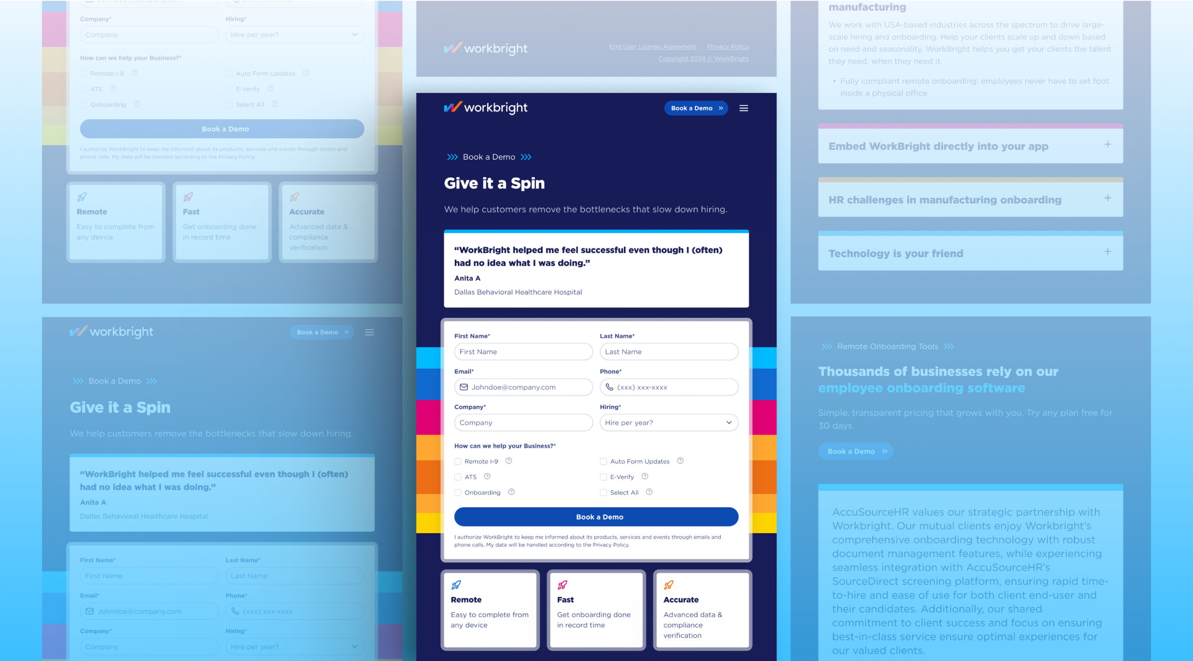 Screenshot of WorkBright's onboarding page, featuring a demo booking form and testimonials.