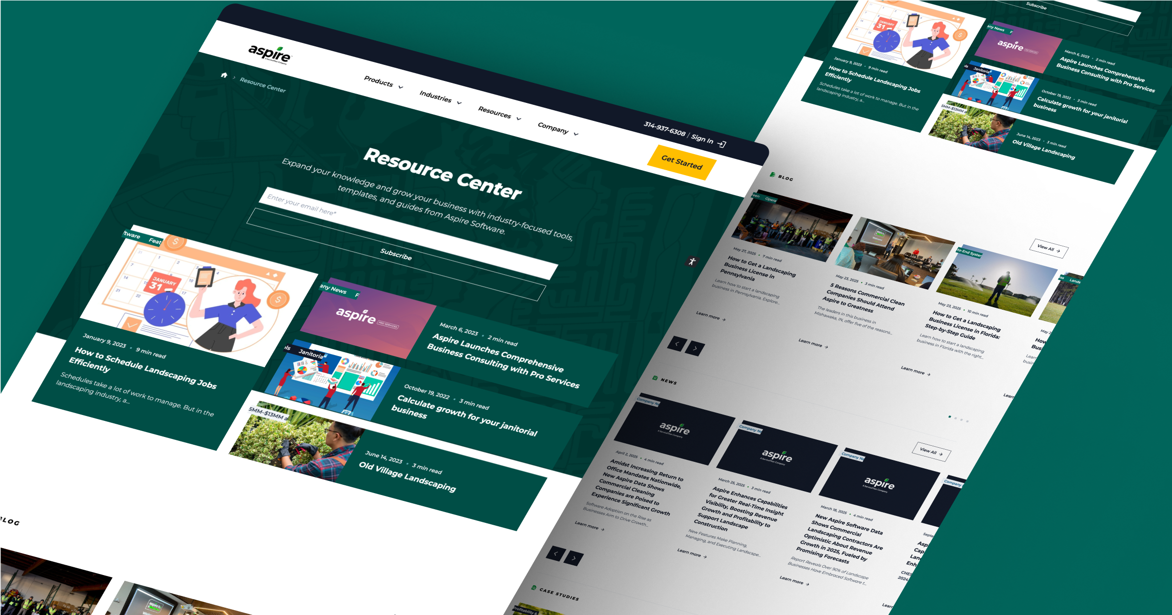Screenshot of Aspire's Resource Center webpage featuring articles, subscriptions, and navigation options.