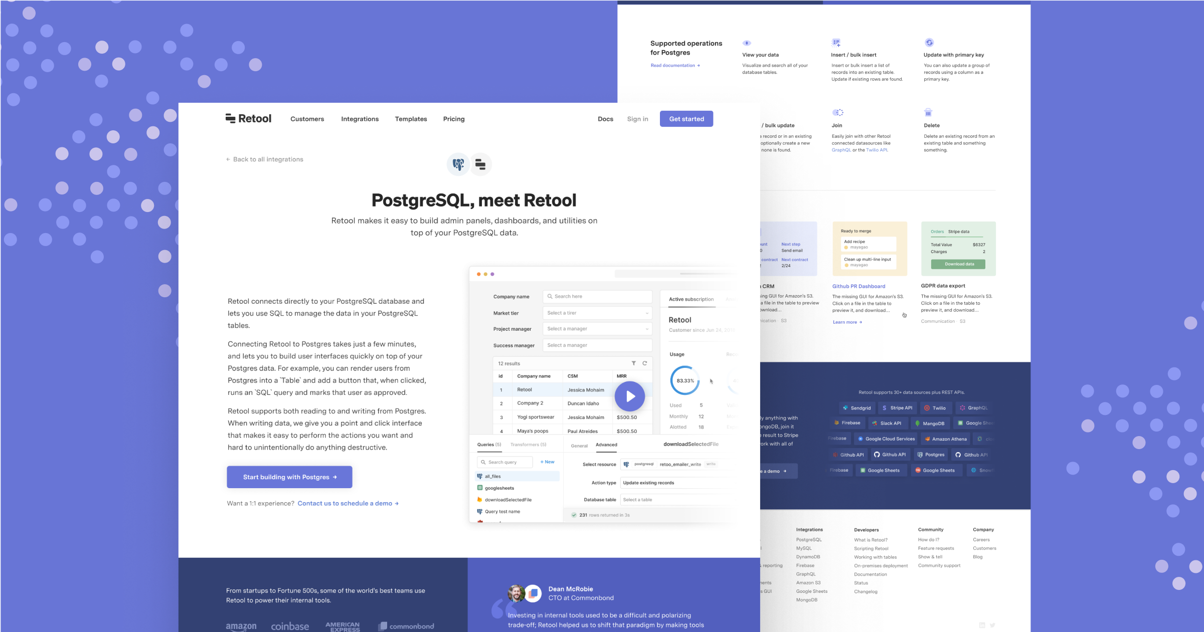 Retool webpage showcasing PostgreSQL integration, features, and user interface for building admin tools and dashboards.