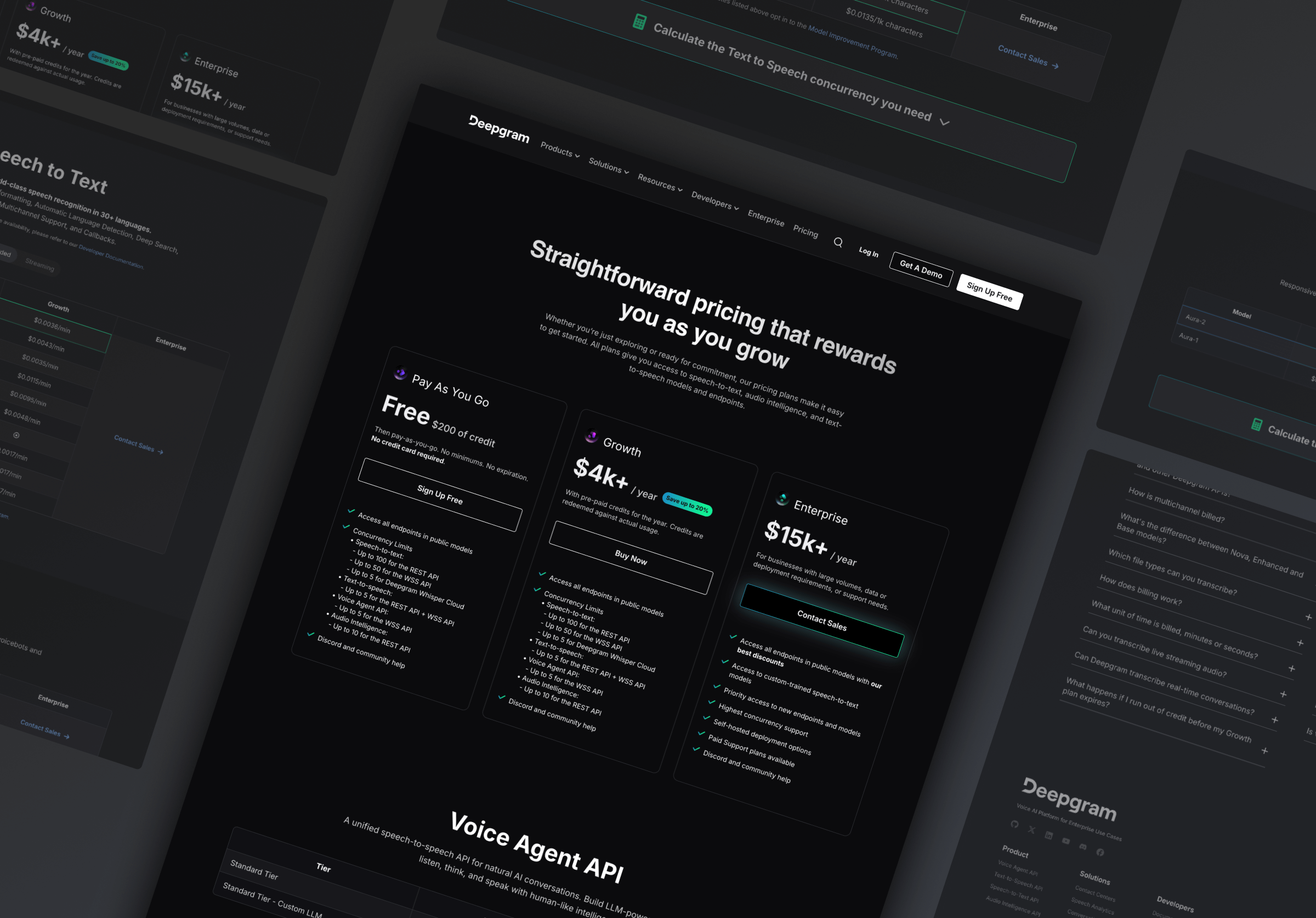 Deepgram pricing page featuring plans: Free, Growth ($4k+/year), and Enterprise ($15k+/year) with details on services.