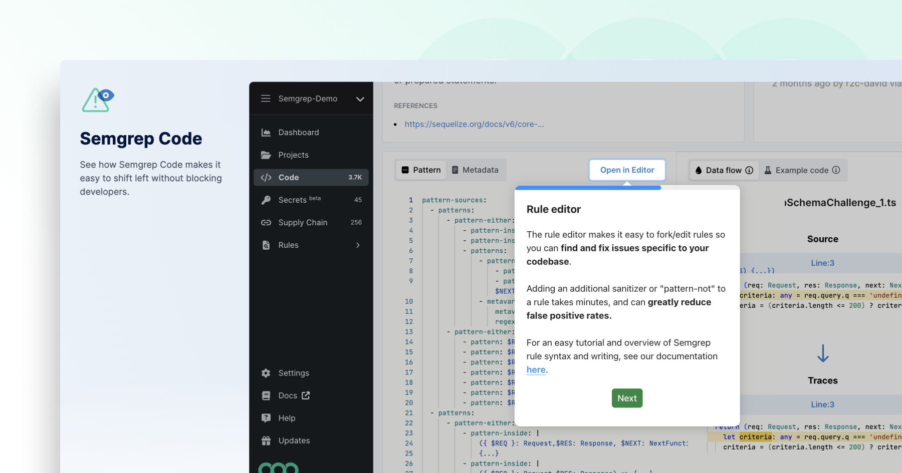 Screenshot of Semgrep Code interface highlighting the rule editor for code analysis and issue resolution.
