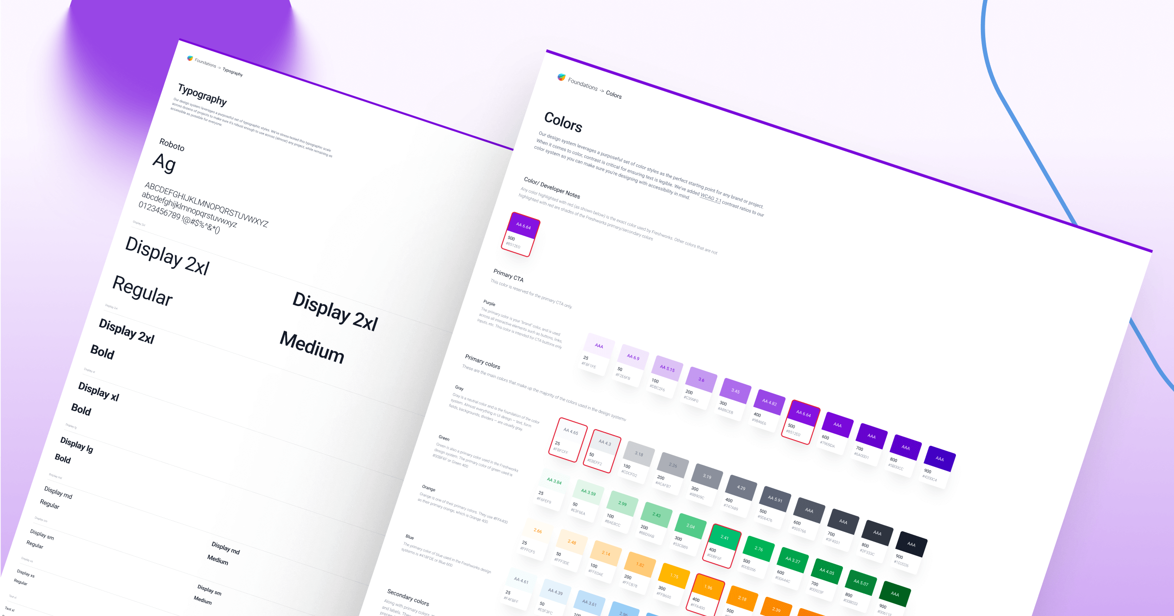 Typography and color guidelines with sample fonts and color codes on a white background.