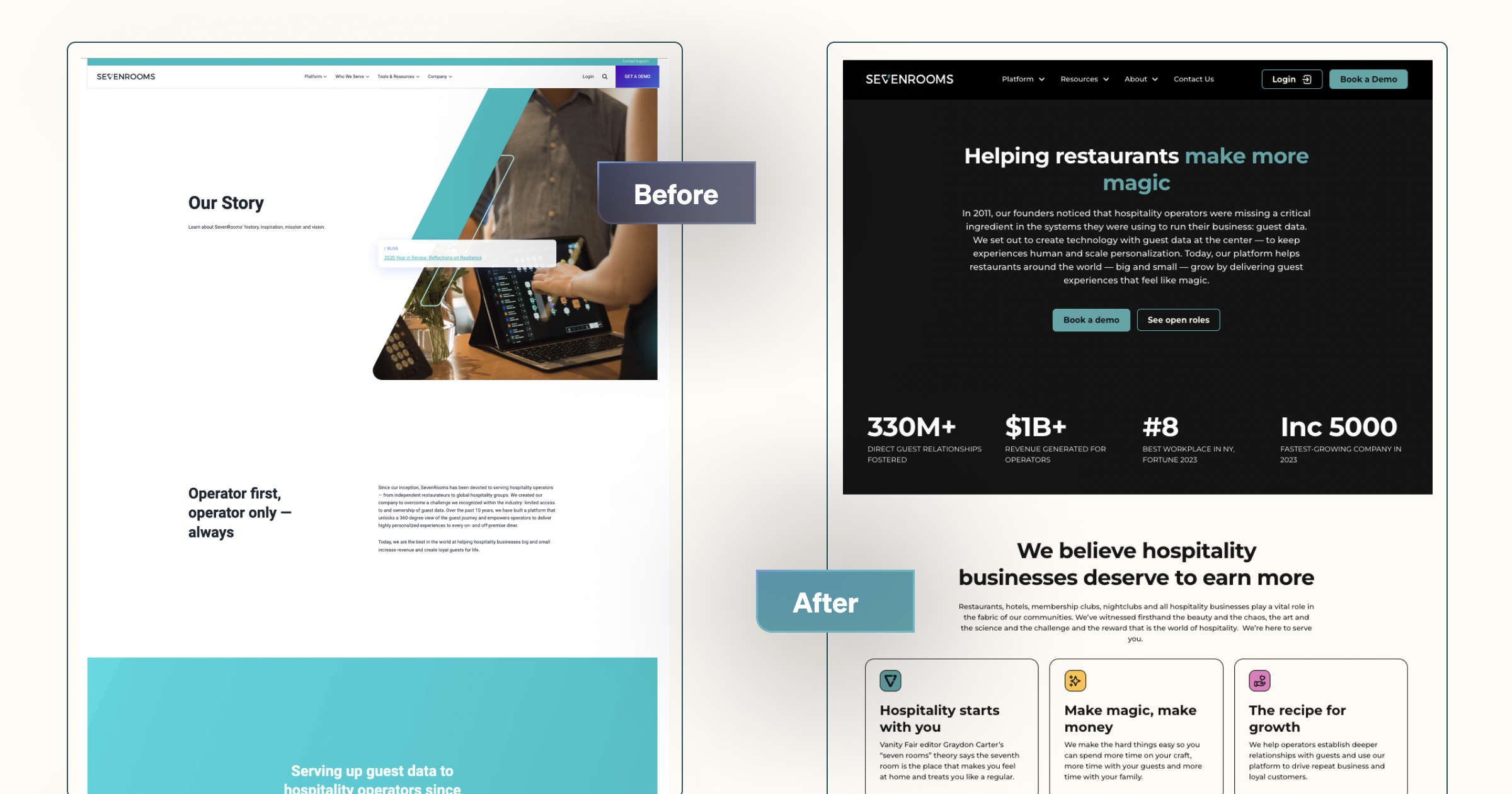 Before-and-after comparison of a restaurant technology website highlighting design and messaging improvements.