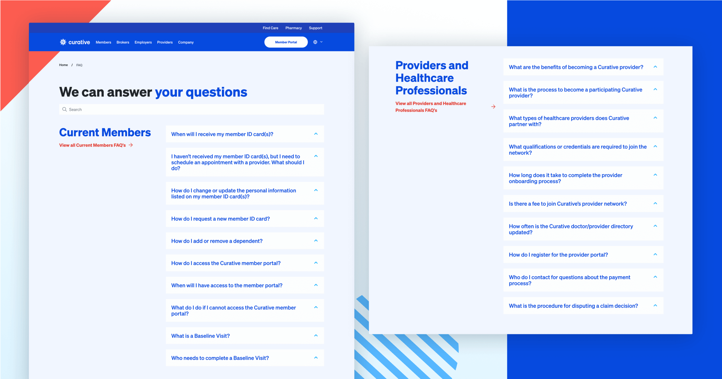 Curative FAQ page displaying questions for current members and healthcare providers, with a clean blue and white design.