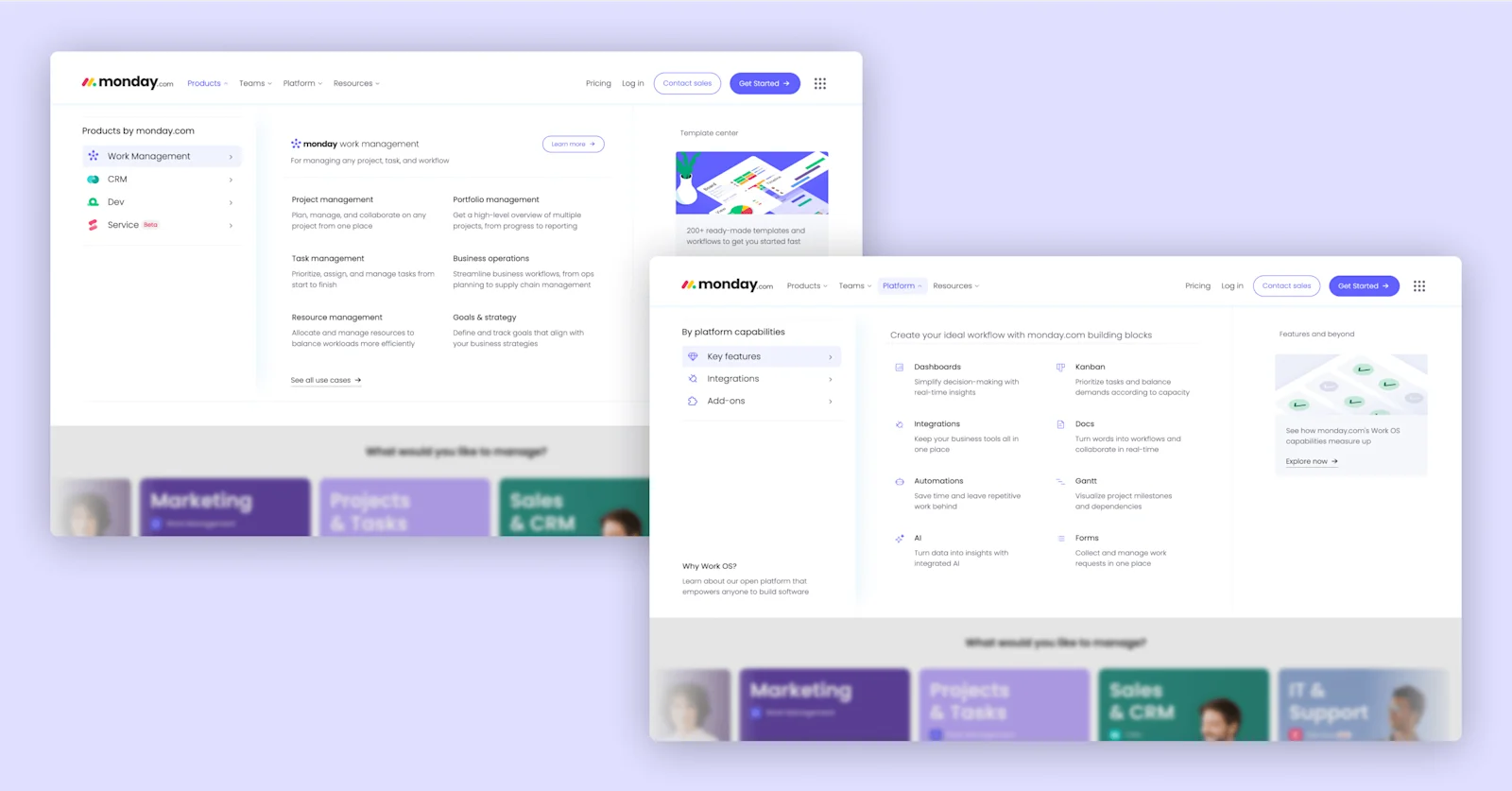 Screenshot of monday.com features including work management, task management, and resource management options.