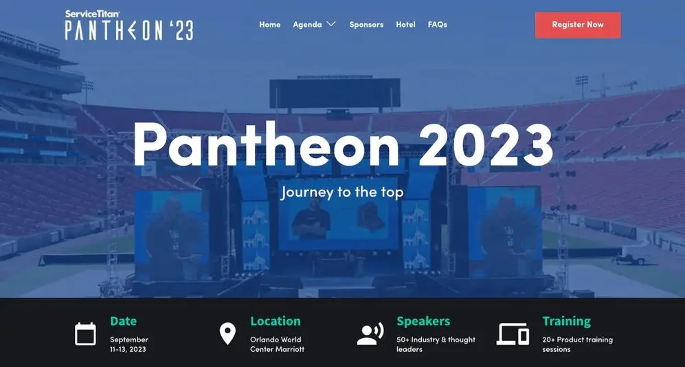 Pantheon 2023 event webpage showcasing speakers, training, and location details for September 11-13 in Orlando.