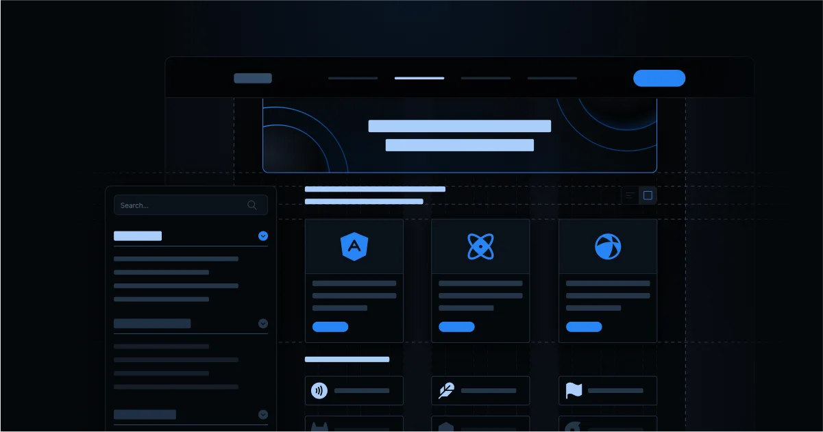 Dark-themed user interface featuring a sidebar, icons, and search bar with blue accents.
