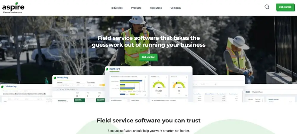 Field service software homepage showcasing scheduling and job costing features with workers in the background.