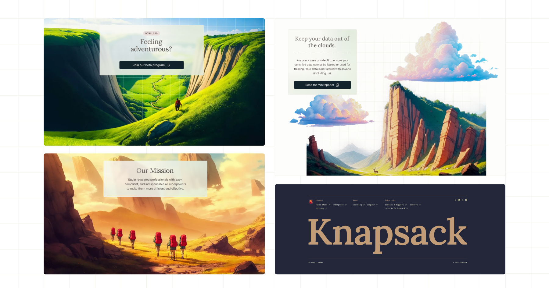 Four artistic panels showcasing mountains, adventure themes, and a branding layout for "Knapsack."
