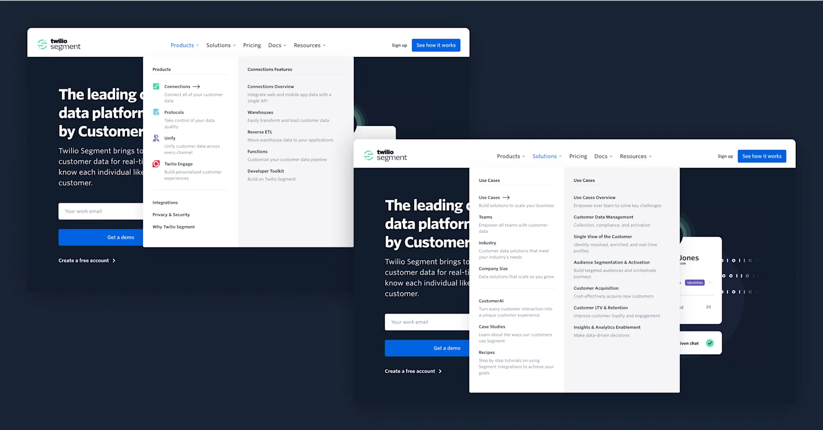 Screenshot of the Twilio Segment website highlighting products, solutions, and customer data management features.