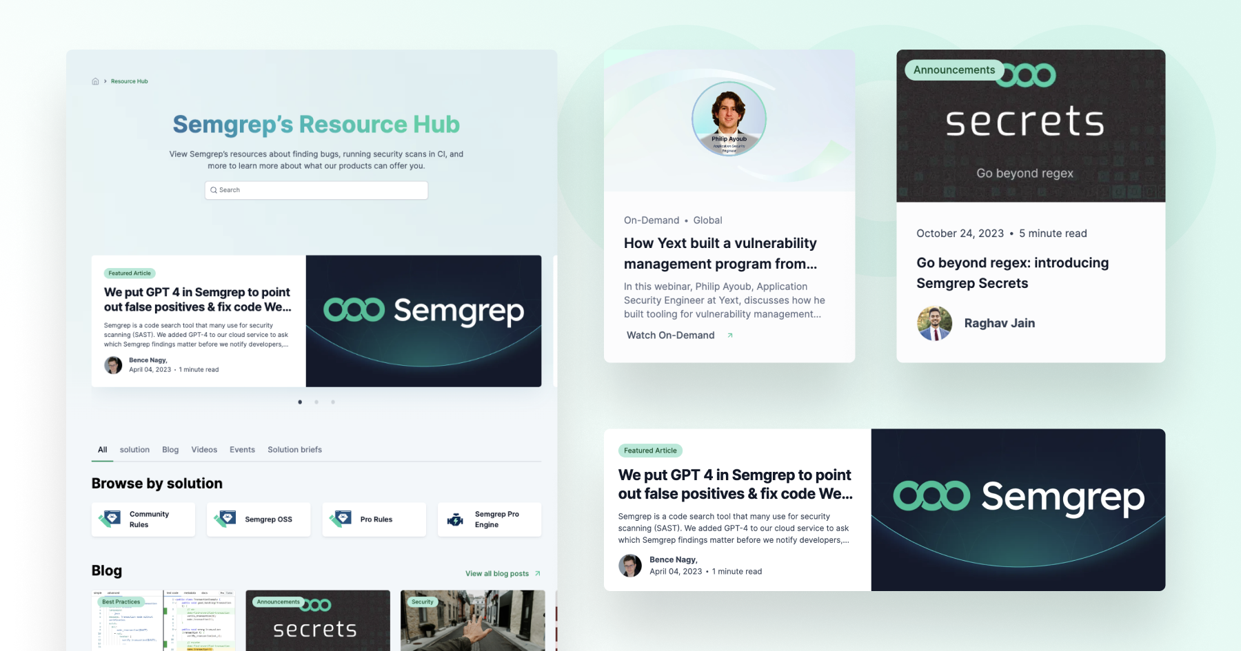 Semgrep's Resource Hub showcasing articles, webinars, and announcements related to security scanning and vulnerability management.