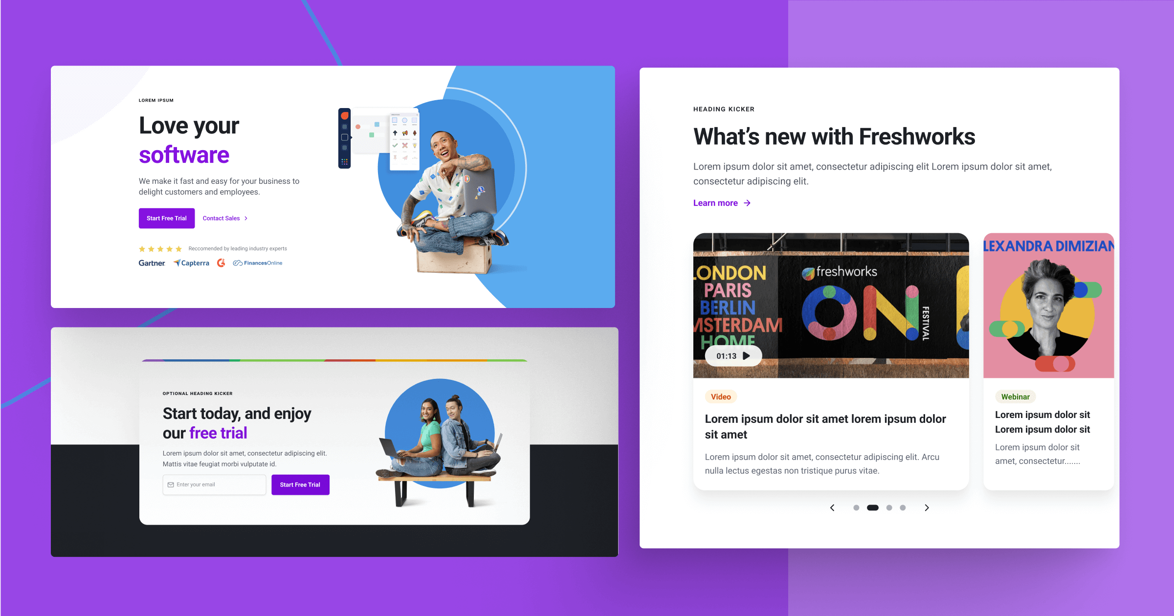 Three web design mockups featuring software promotions, free trials, and video content with vibrant colors and imagery.
