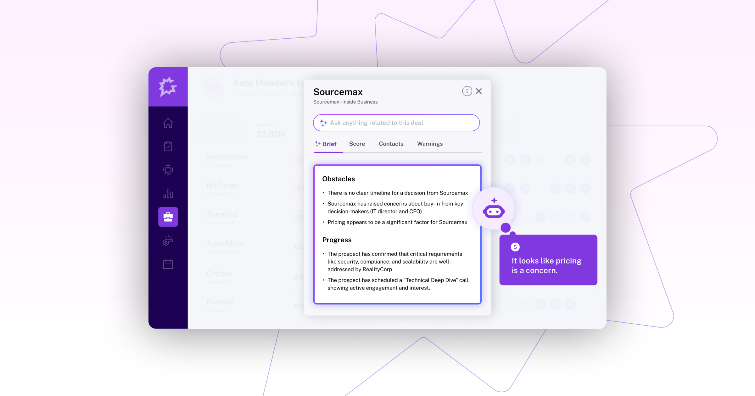 Dashboard interface showing deal details, obstacles, and progress for the company Sourcemax, emphasizing pricing concerns.