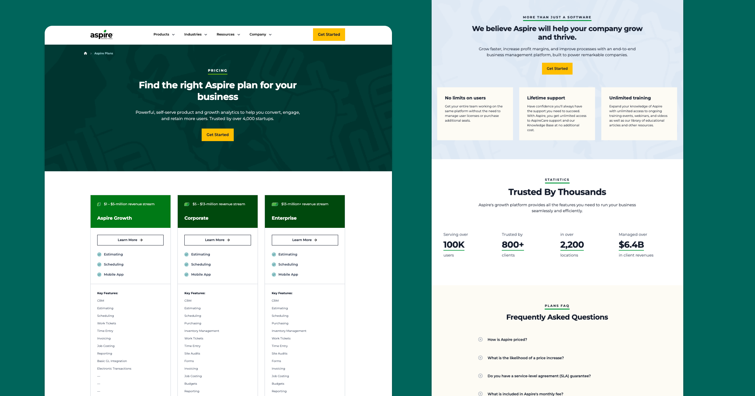 Aspire pricing page showcasing plans for various revenue streams and key features for businesses.