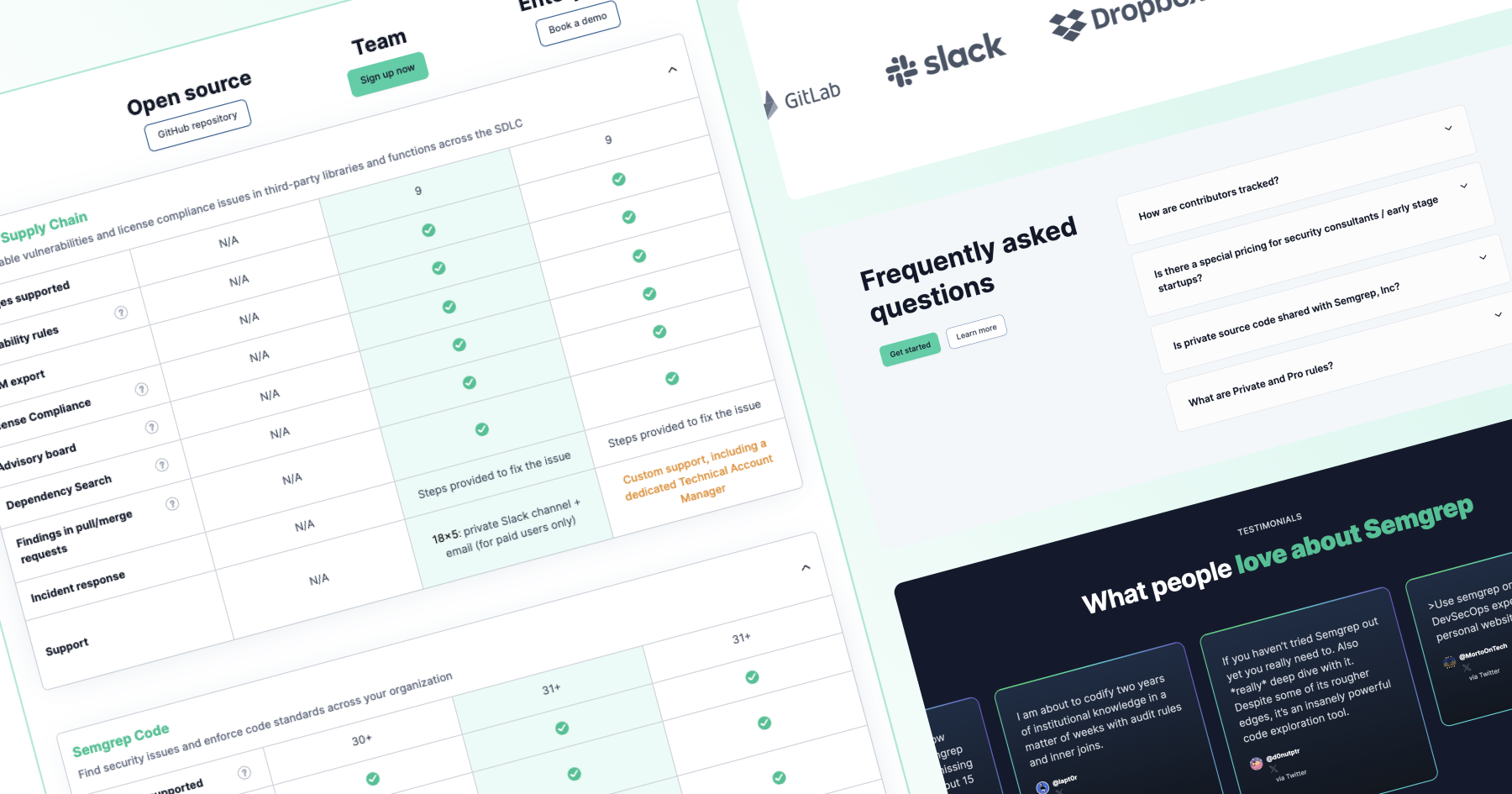 Screenshot of a website featuring tables, FAQs, and testimonials about Semgrep's services and support options.
