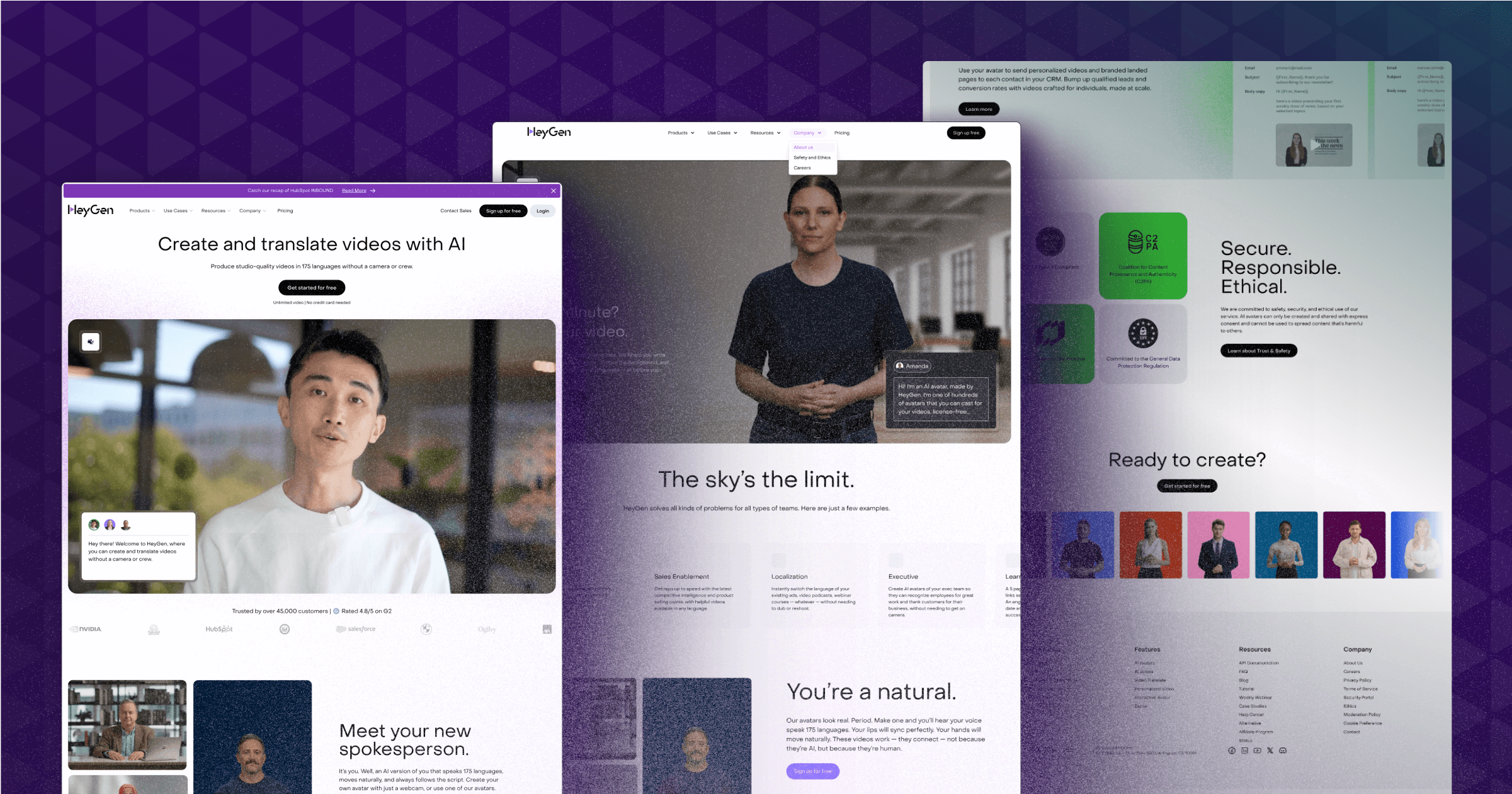 Screenshots of HeyGen website showcasing AI video creation features and user testimonials.