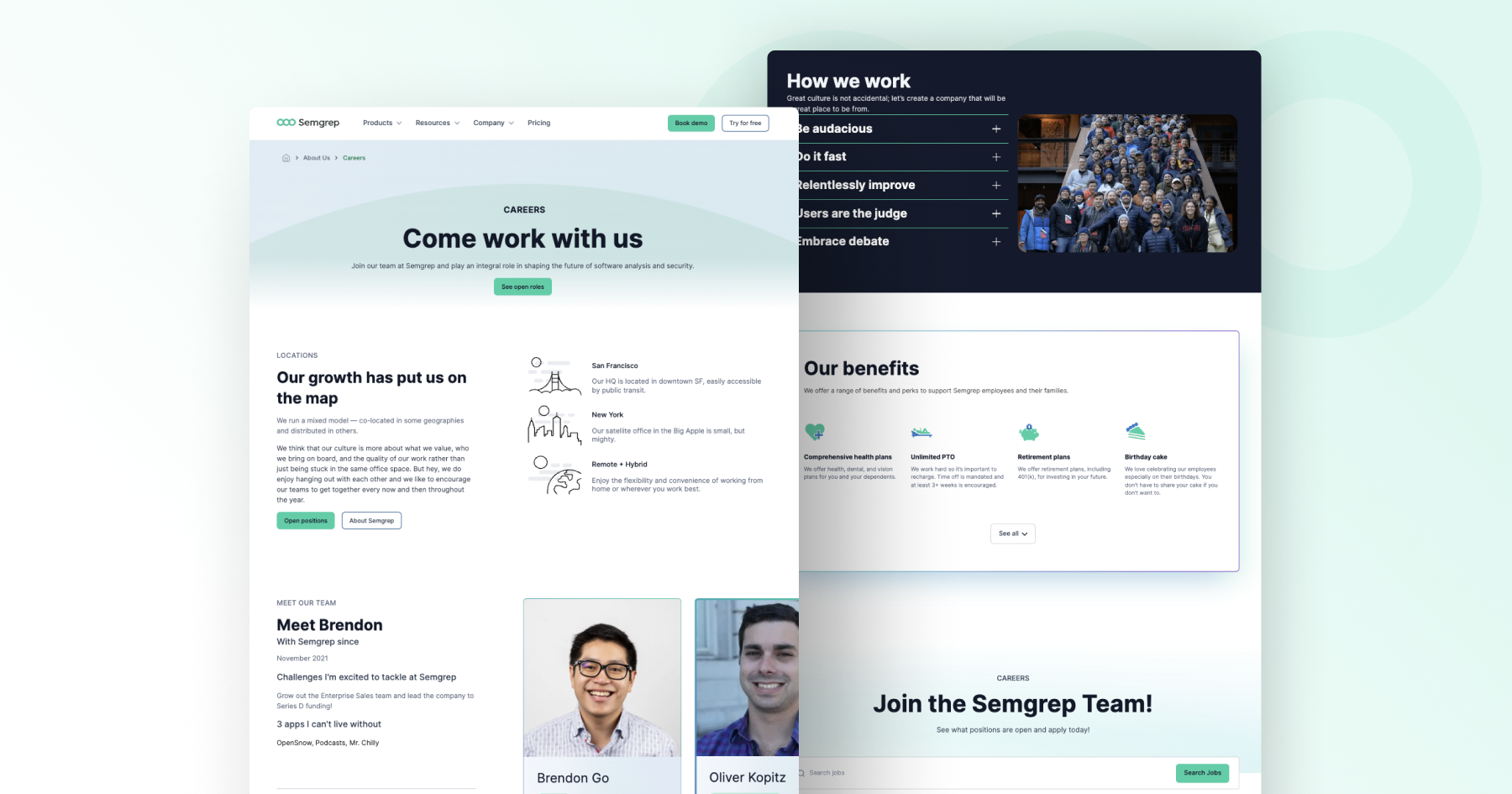Screenshot of Semgrep's careers page, showcasing job opportunities, team members, and employee benefits.