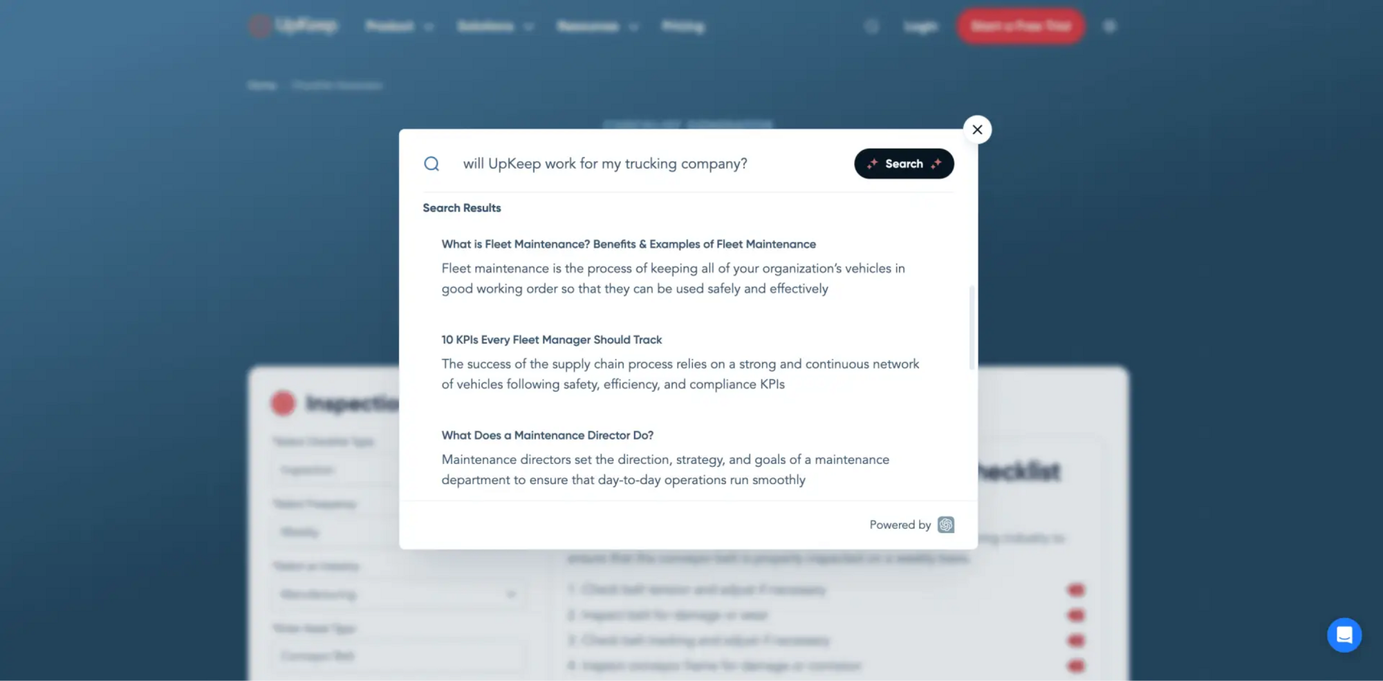Screenshot of a search results page about fleet maintenance with various articles listed.