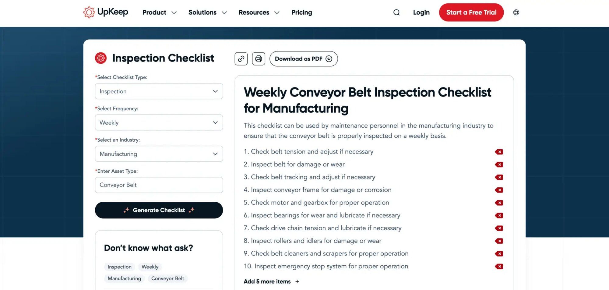 Weekly conveyor belt inspection checklist for manufacturing, detailing crucial maintenance tasks.