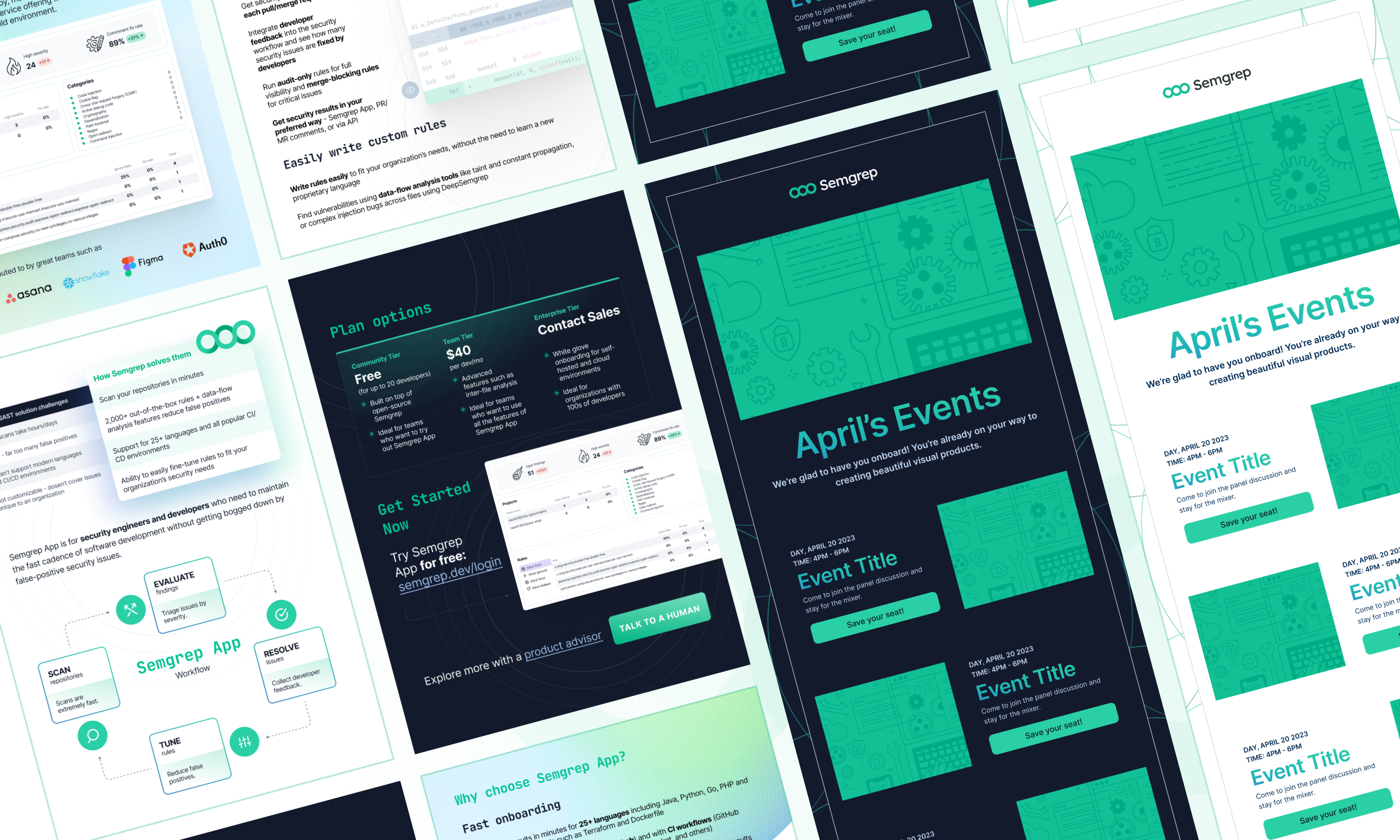 Collage of Semgrep promotional materials featuring event details, pricing plans, and a user-friendly interface design.