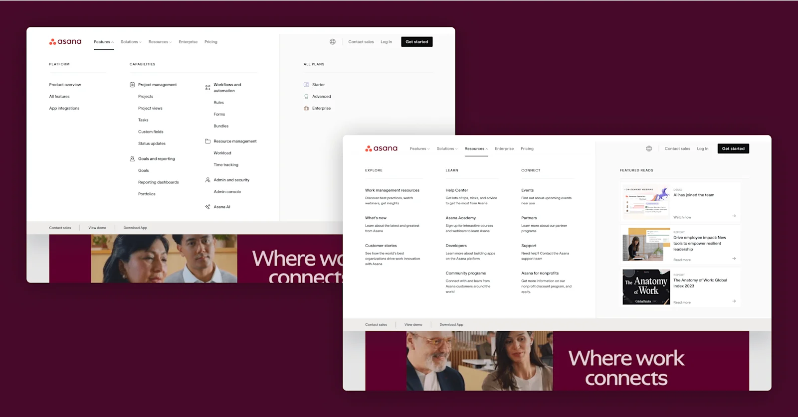 Asana website interface showcasing features, resources, solutions, and pricing options with a maroon background.