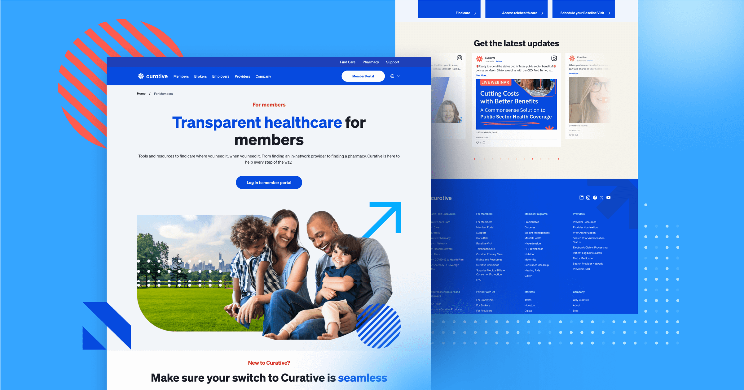 Screenshot of Curative's healthcare website, featuring a family and various navigation options for members.