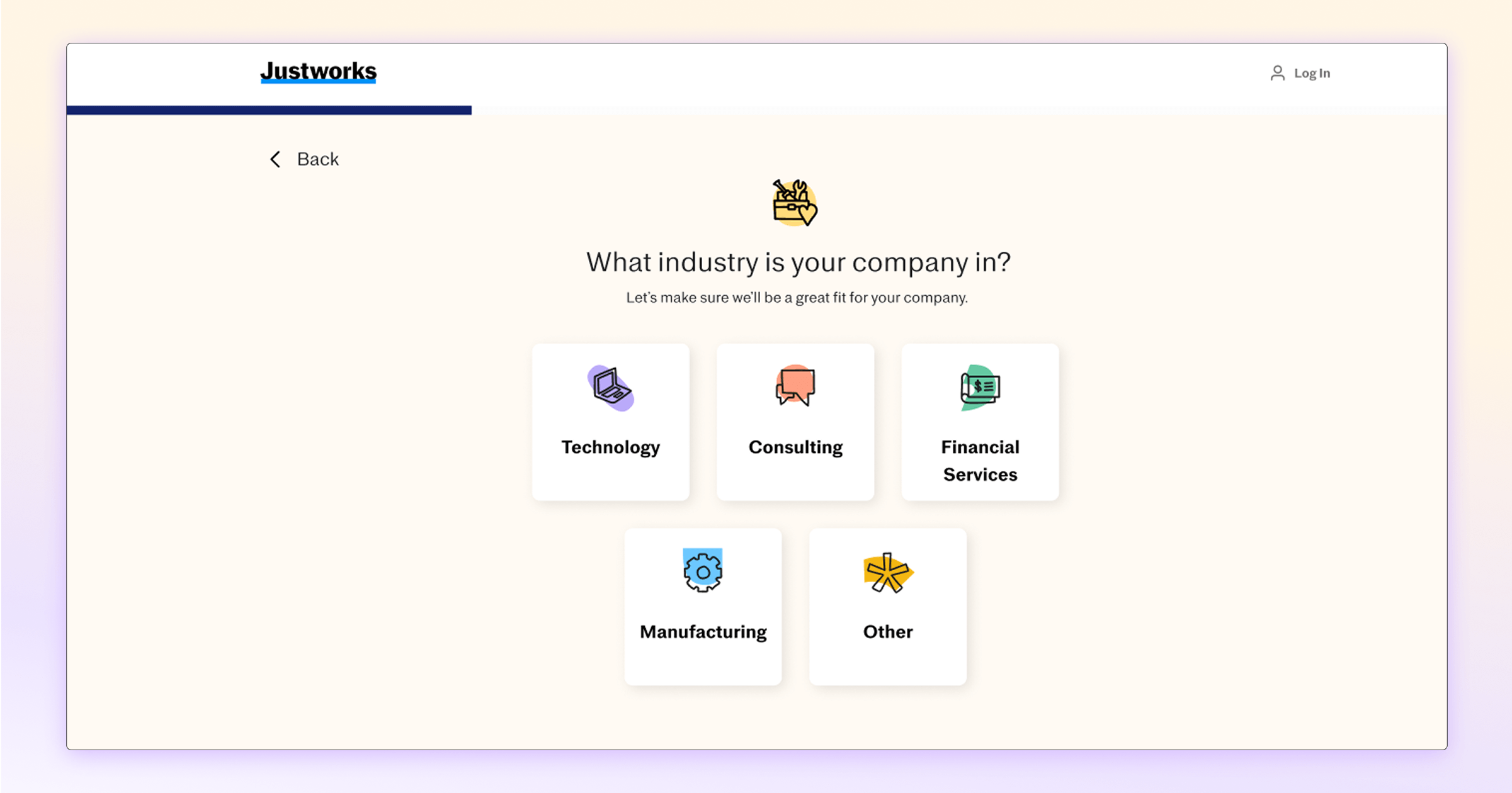 Screen displaying industry options for a company: Technology, Consulting, Financial Services, Manufacturing, and Other.
