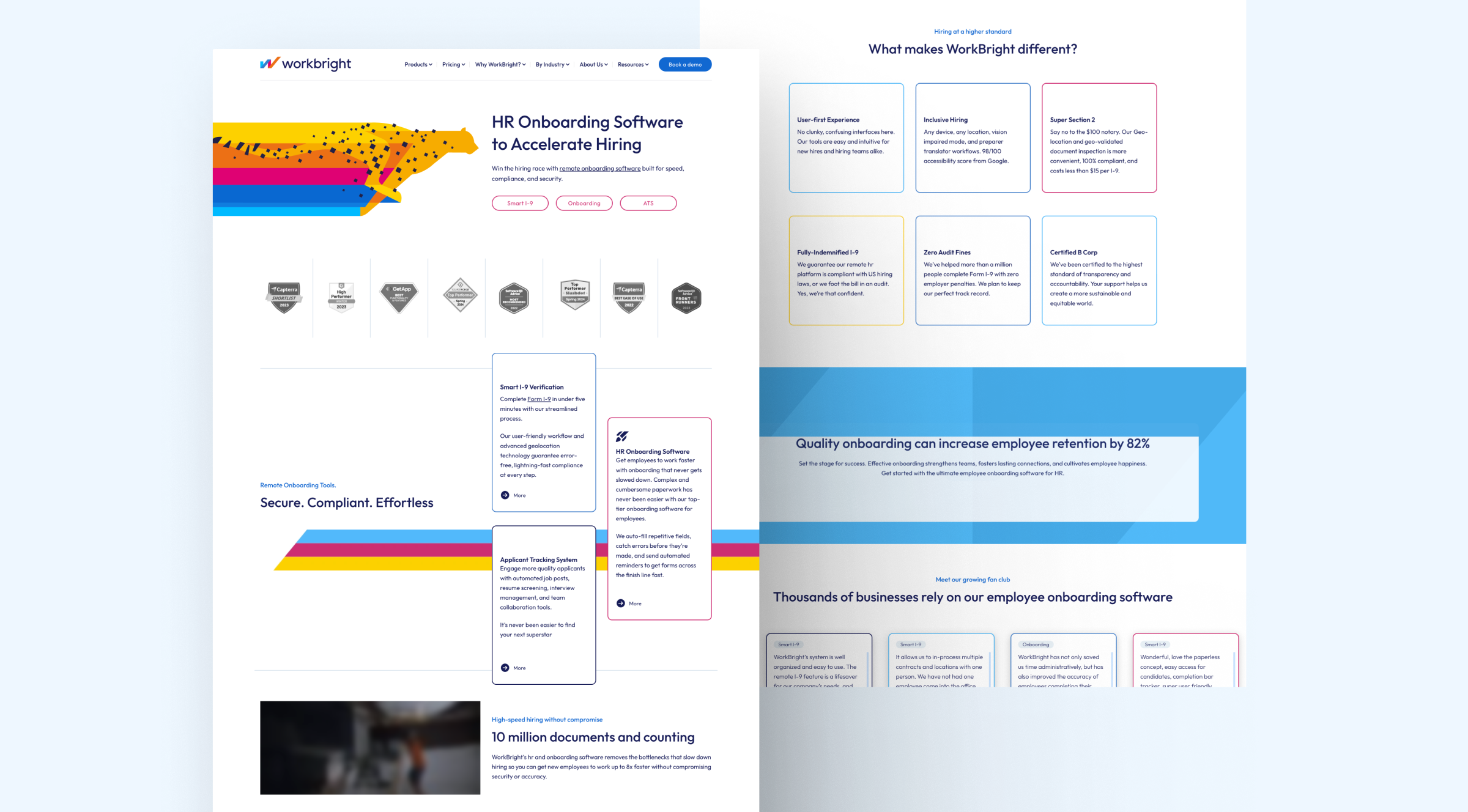 WorkBright HR onboarding software webpage showcasing features and benefits for seamless hiring and employee retention.