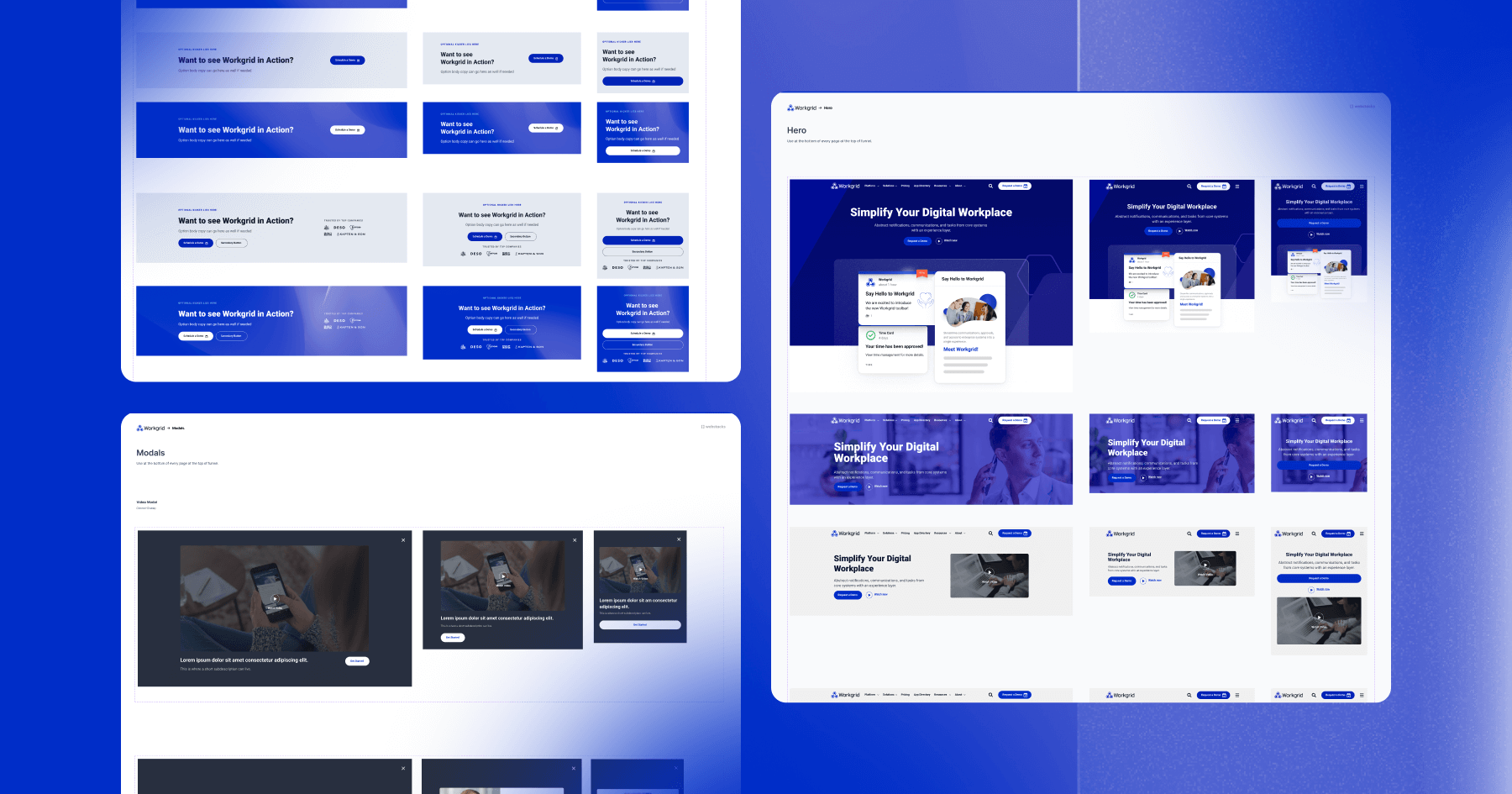 Screenshots of a digital workspace interface showcasing various modal designs with a blue color scheme.