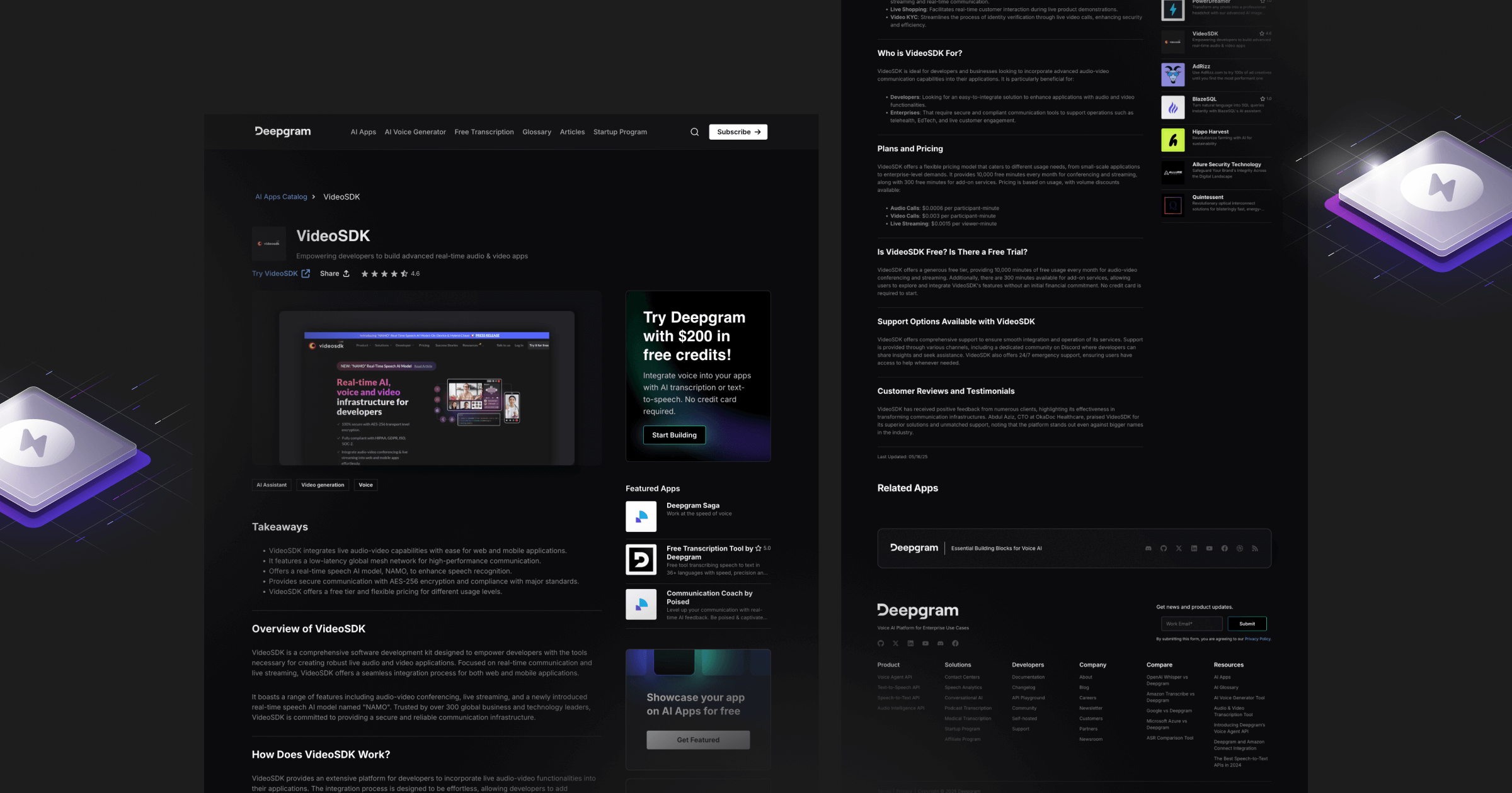 Deepgram's VideoSDK webpage features tools for audio-video development with user testimonials and pricing information.